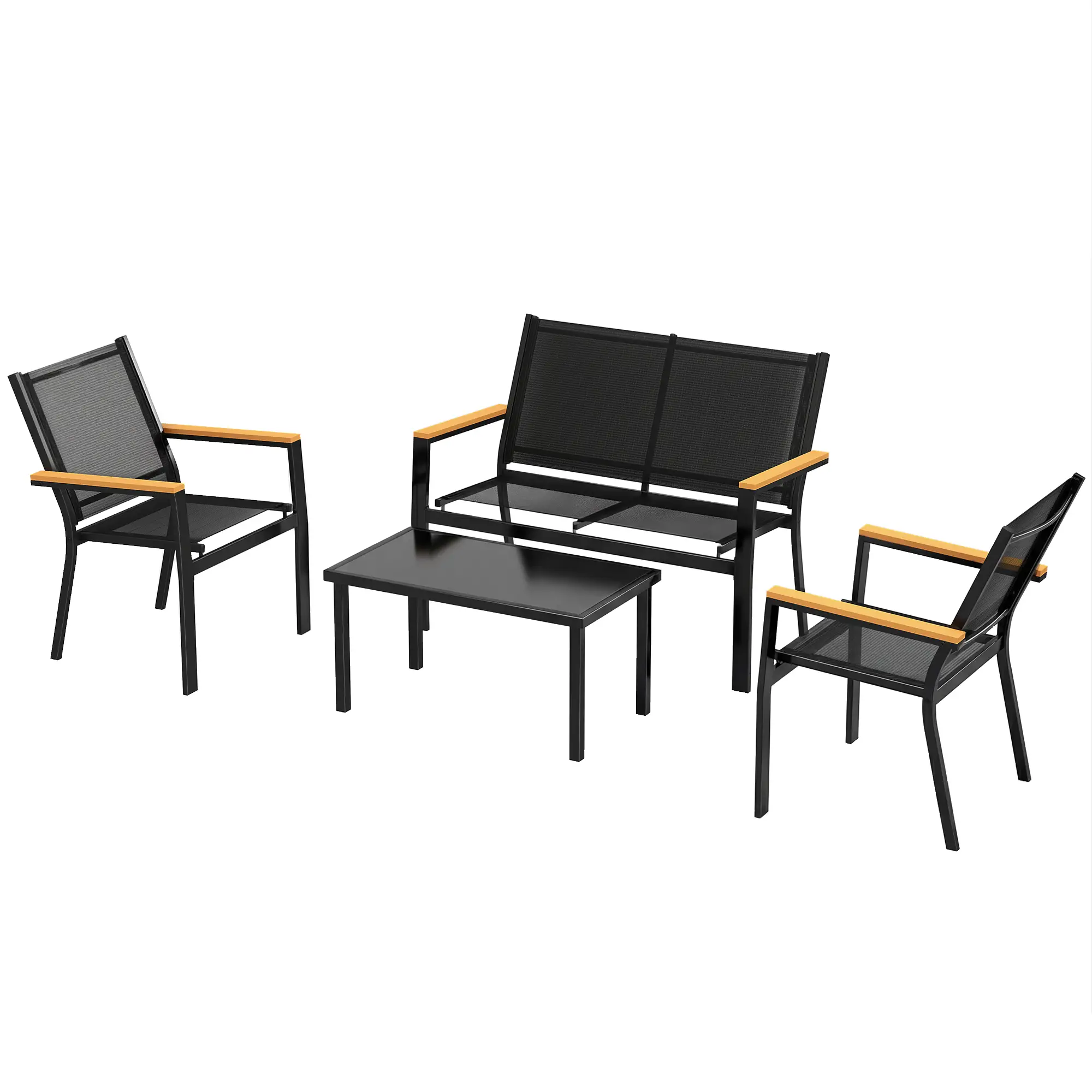 4 Piece Patio Furniture Set, Tempered Glass Tabletop, Black