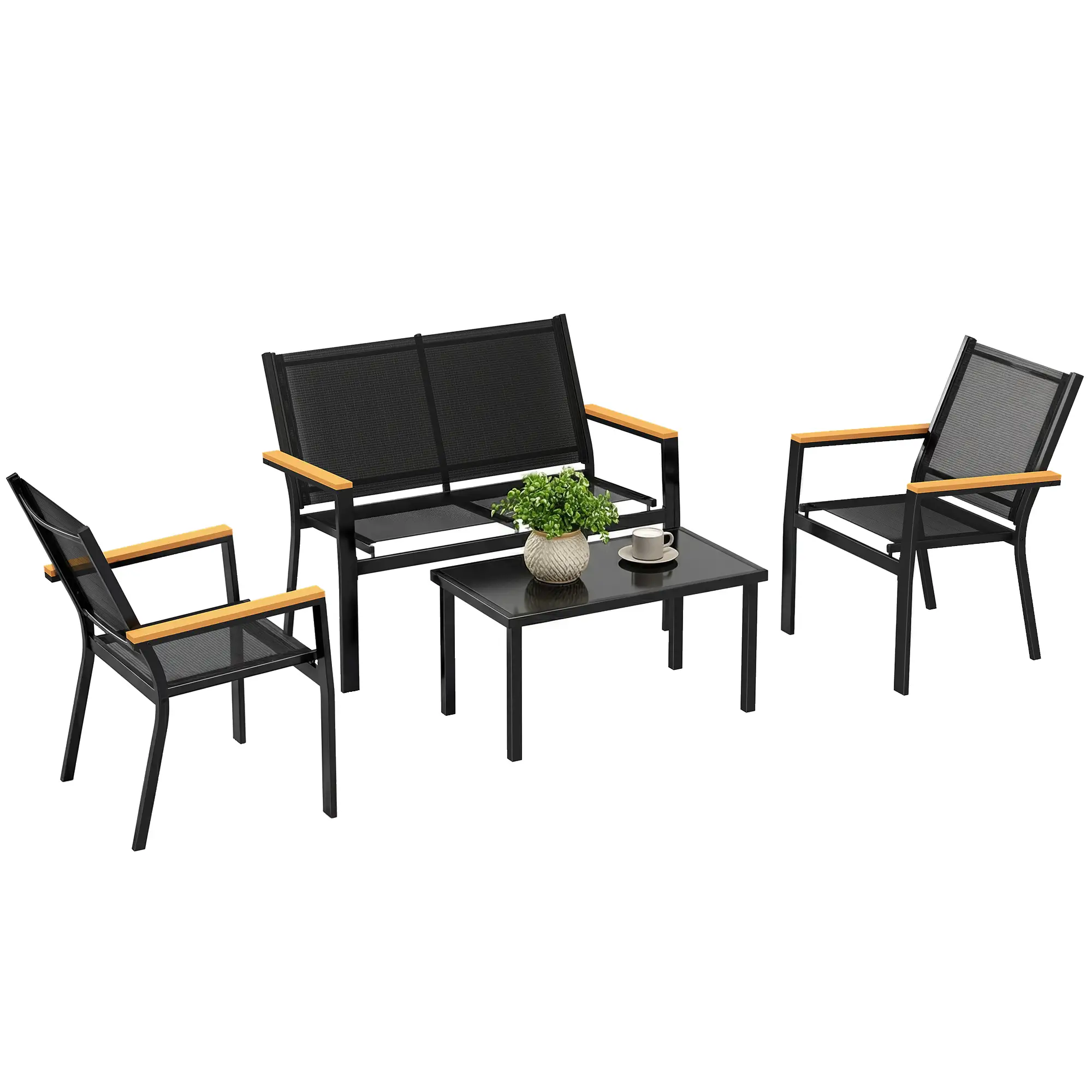 4 Piece Patio Furniture Set, Tempered Glass Tabletop, Black - Image 11