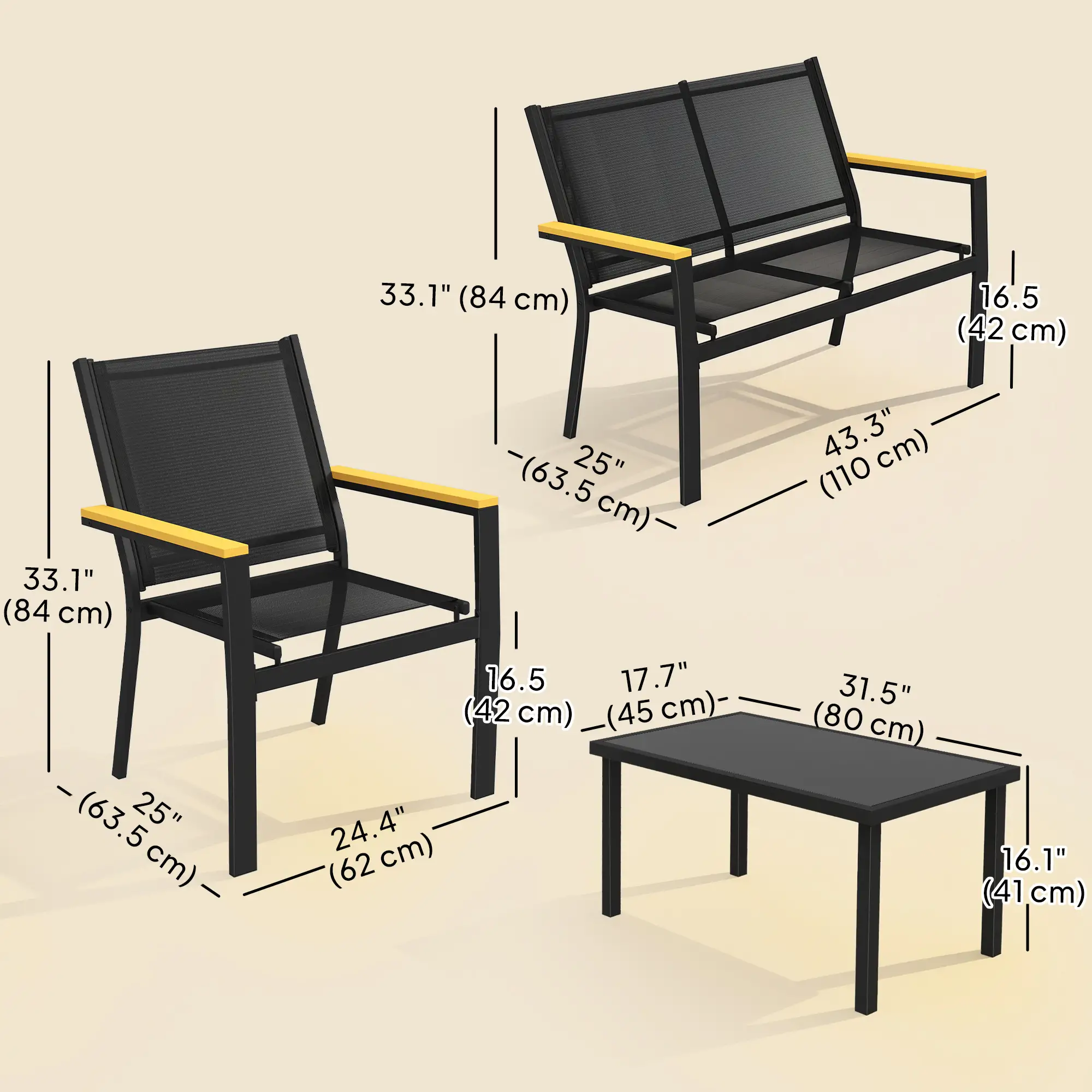 4 Piece Patio Furniture Set, Tempered Glass Tabletop, Black - Image 3