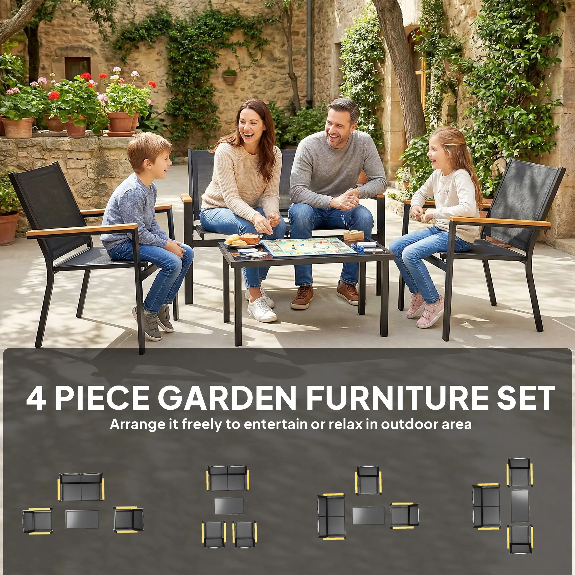4 Piece Patio Furniture Set, Tempered Glass Tabletop, Black - Image 4