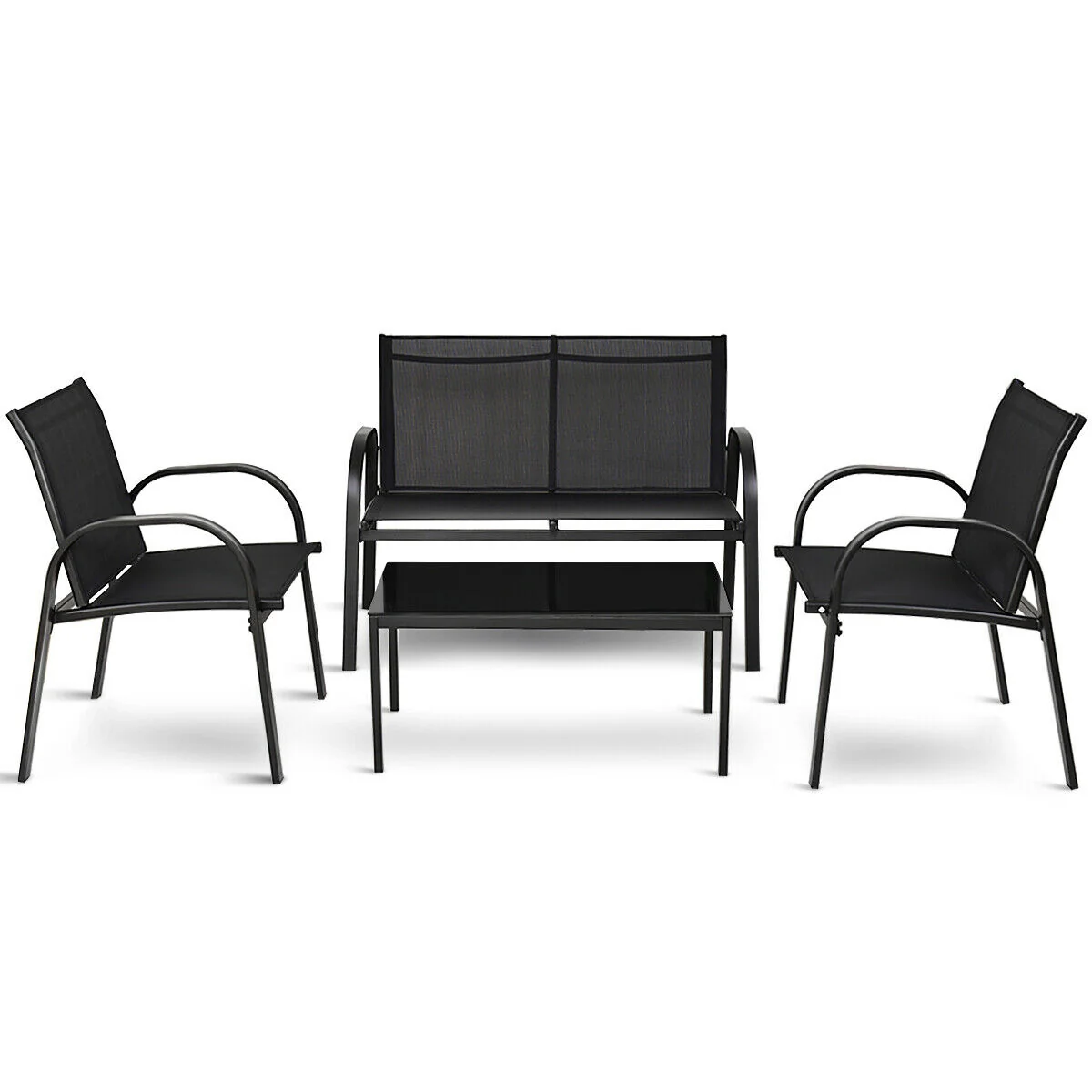4 Piece Patio Furniture Set, Glass Top Coffee Table, Black