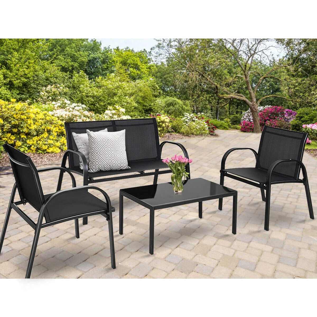 4 Piece Patio Furniture Set, Glass Top Coffee Table, Black - Image 2