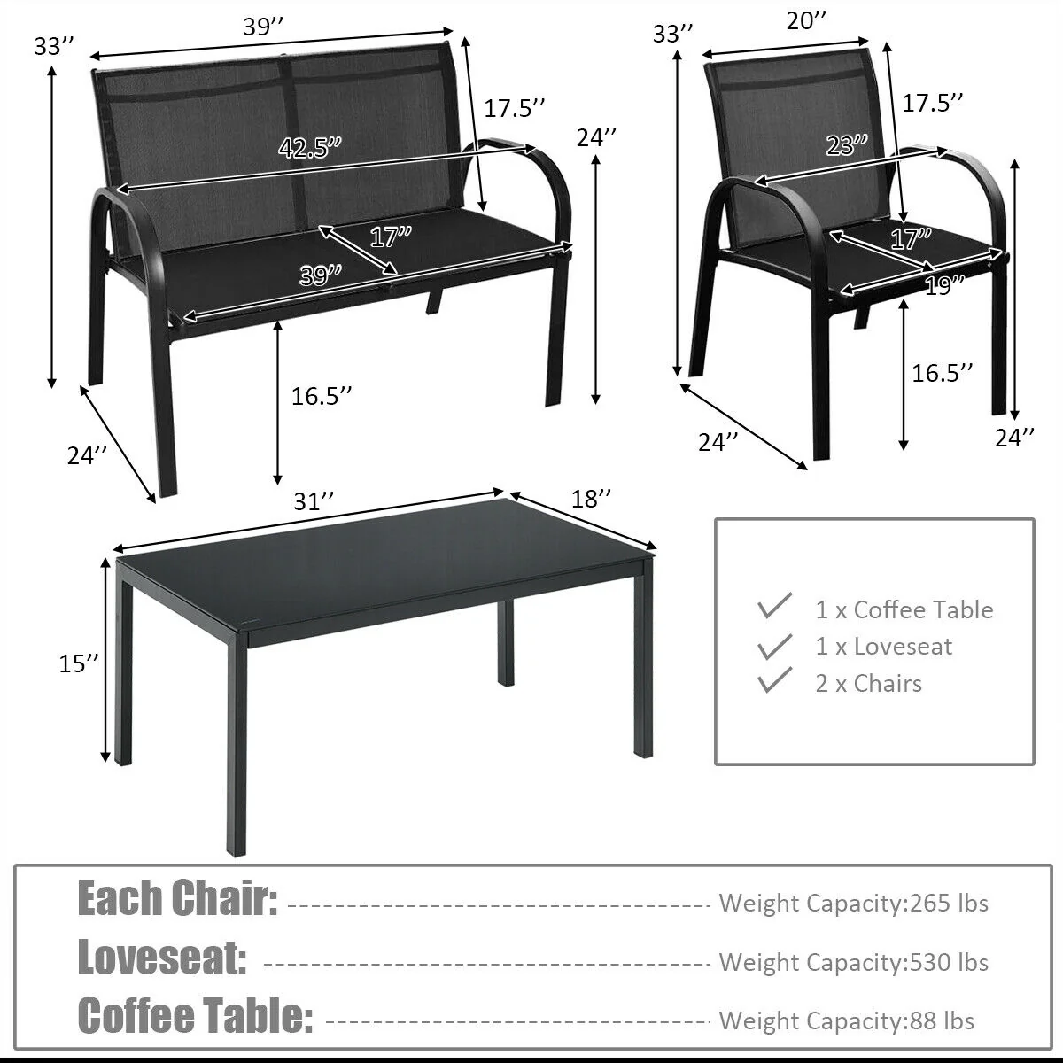 4 Piece Patio Furniture Set, Glass Top Coffee Table, Black - Image 5