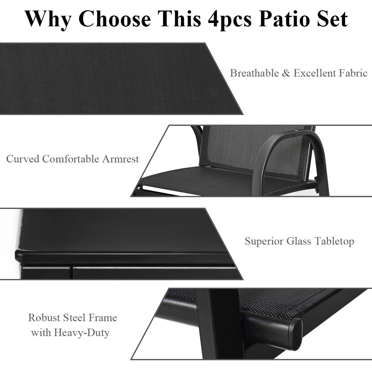 4 Piece Patio Furniture Set, Glass Top Coffee Table, Black - Image 6
