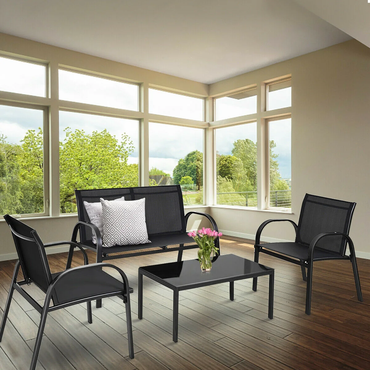 4 Piece Patio Furniture Set, Glass Top Coffee Table, Black - Image 7