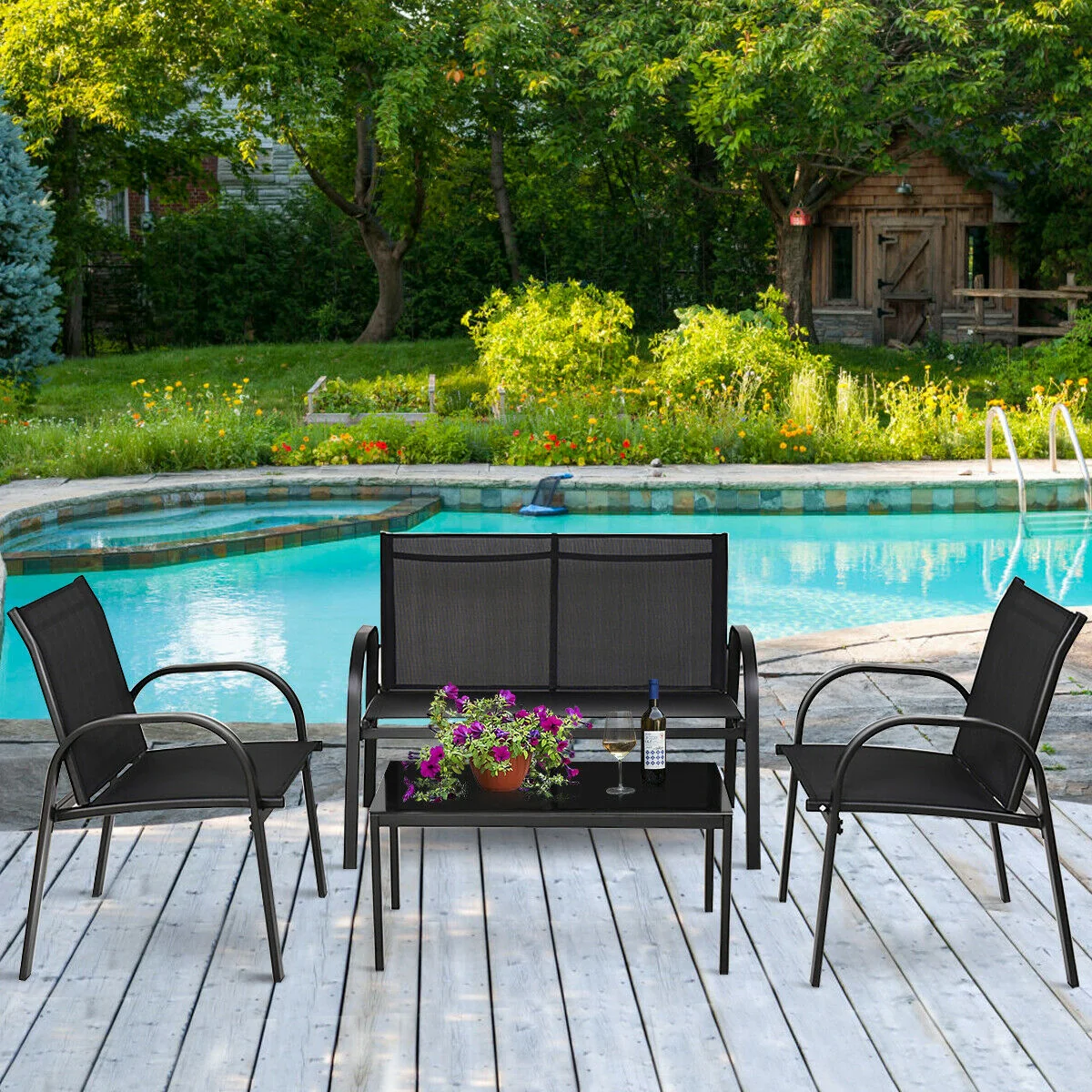 4 Piece Patio Furniture Set, Glass Top Coffee Table, Black - Image 8