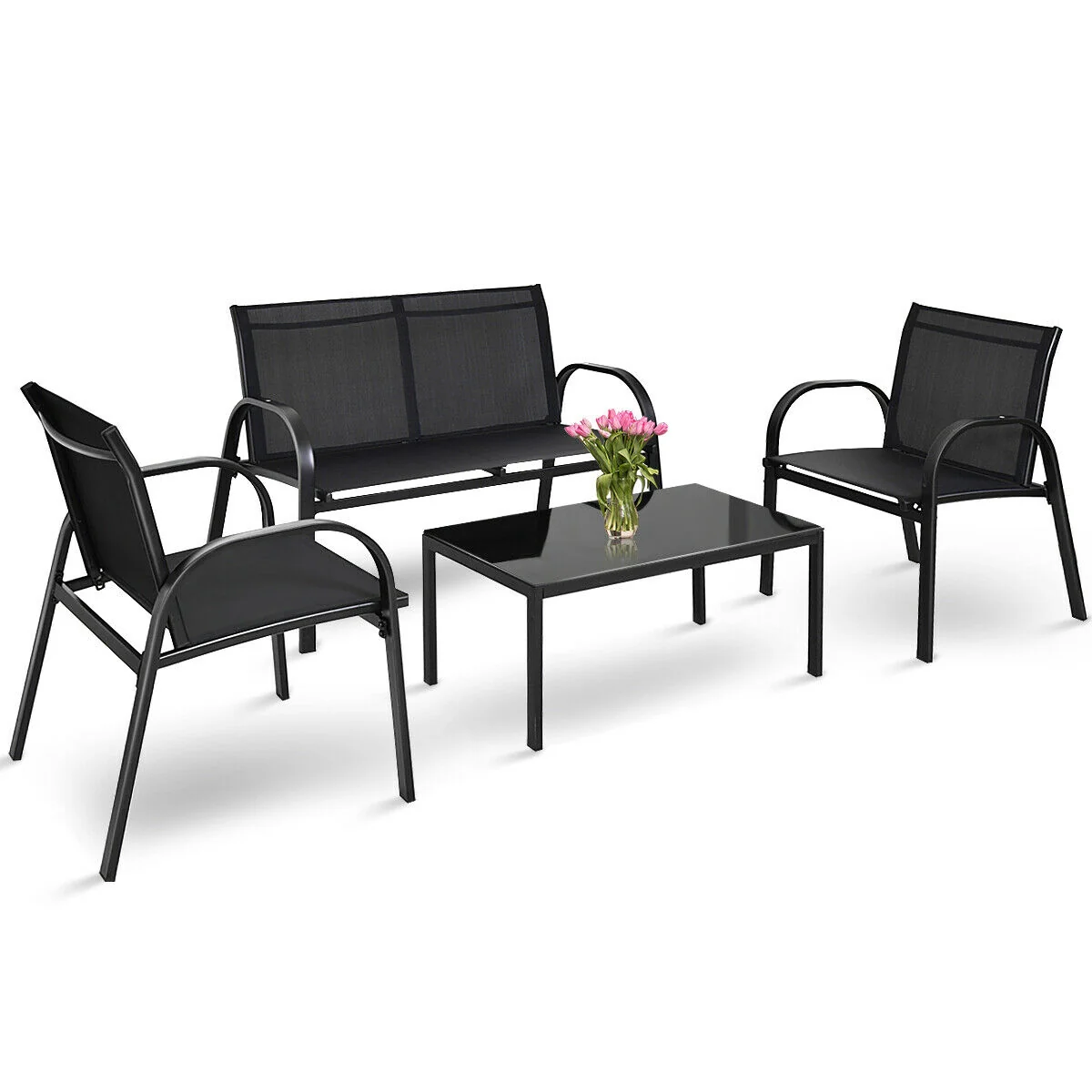 4 Piece Patio Furniture Set, Glass Top Coffee Table, Black - Image 9