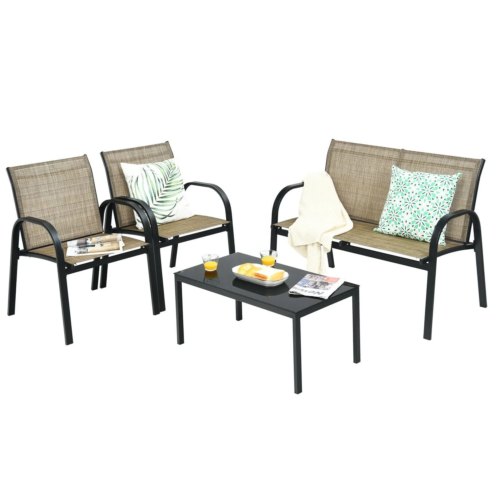4 Piece Patio Furniture Set, Glass Top Coffee Table, Brown
