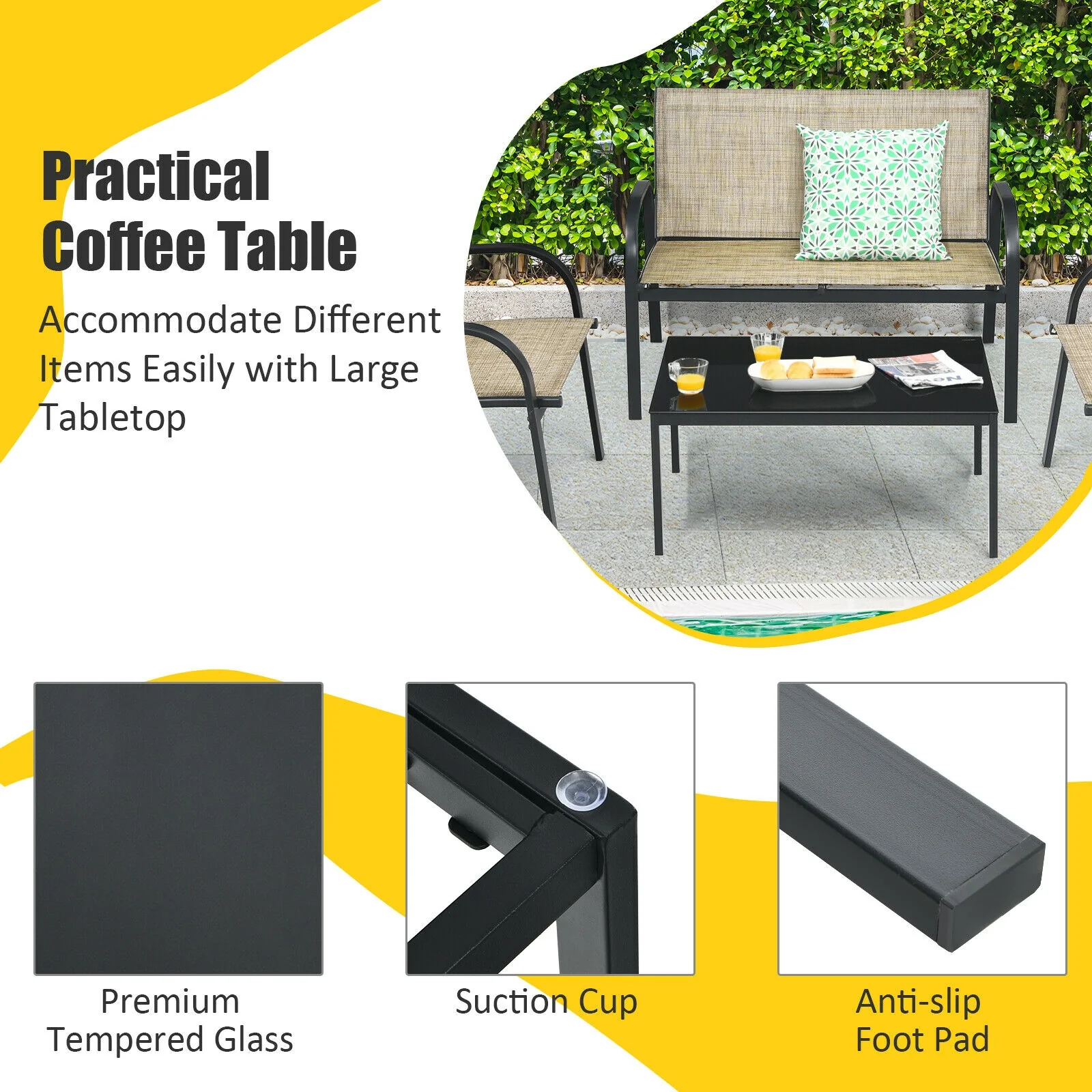 4 Piece Patio Furniture Set, Glass Top Coffee Table, Brown - Image 10