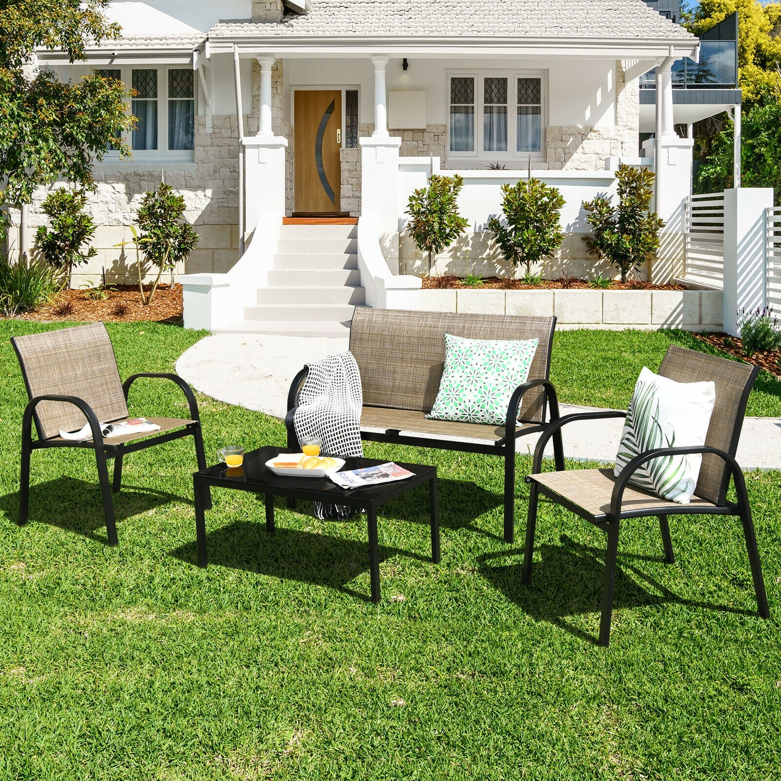 4 Piece Patio Furniture Set, Glass Top Coffee Table, Brown - Image 2