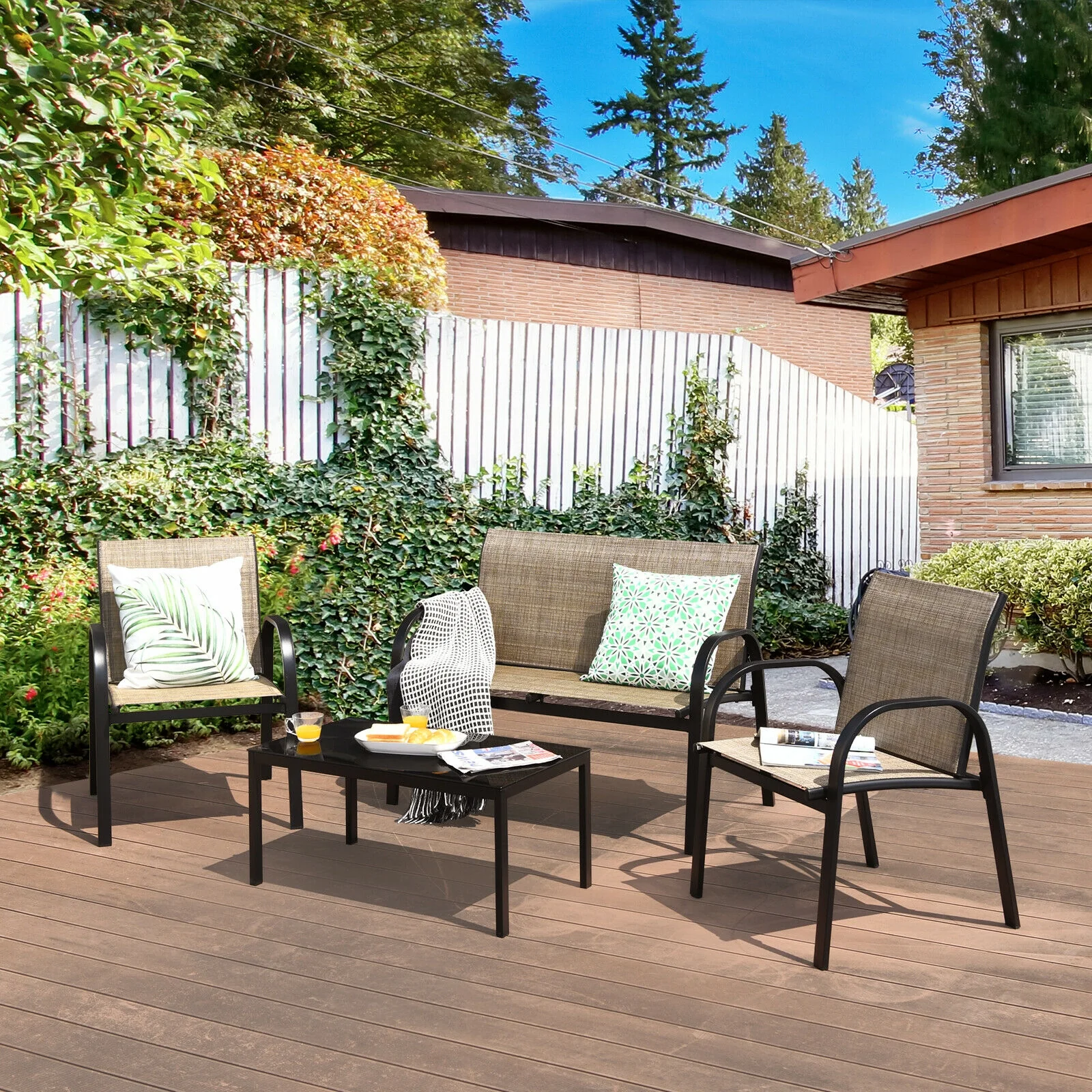 4 Piece Patio Furniture Set, Glass Top Coffee Table, Brown - Image 3