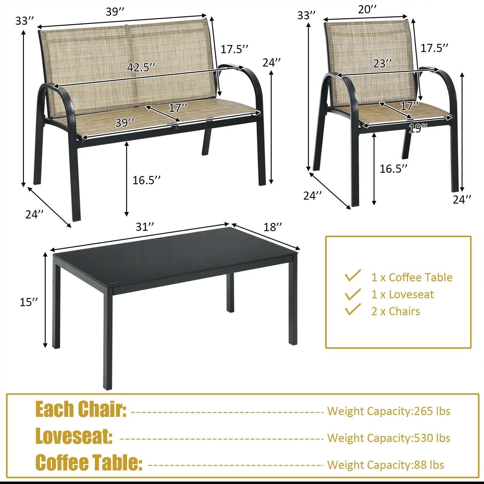 4 Piece Patio Furniture Set, Glass Top Coffee Table, Brown - Image 5