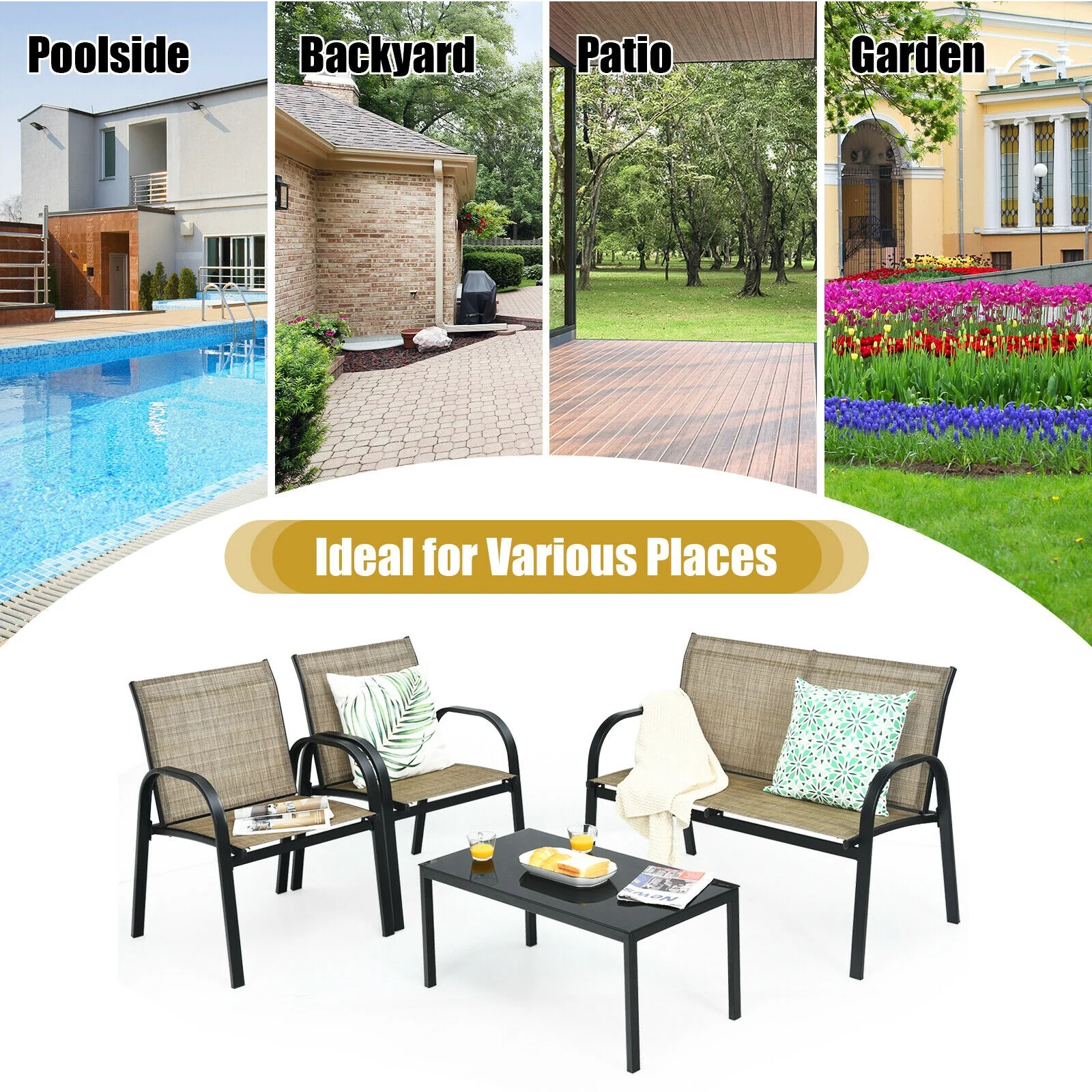 4 Piece Patio Furniture Set, Glass Top Coffee Table, Brown - Image 6