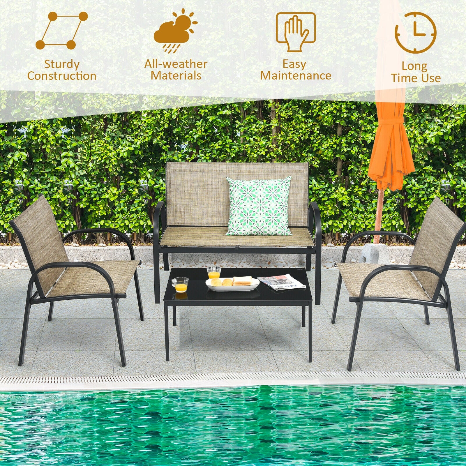 4 Piece Patio Furniture Set, Glass Top Coffee Table, Brown - Image 7