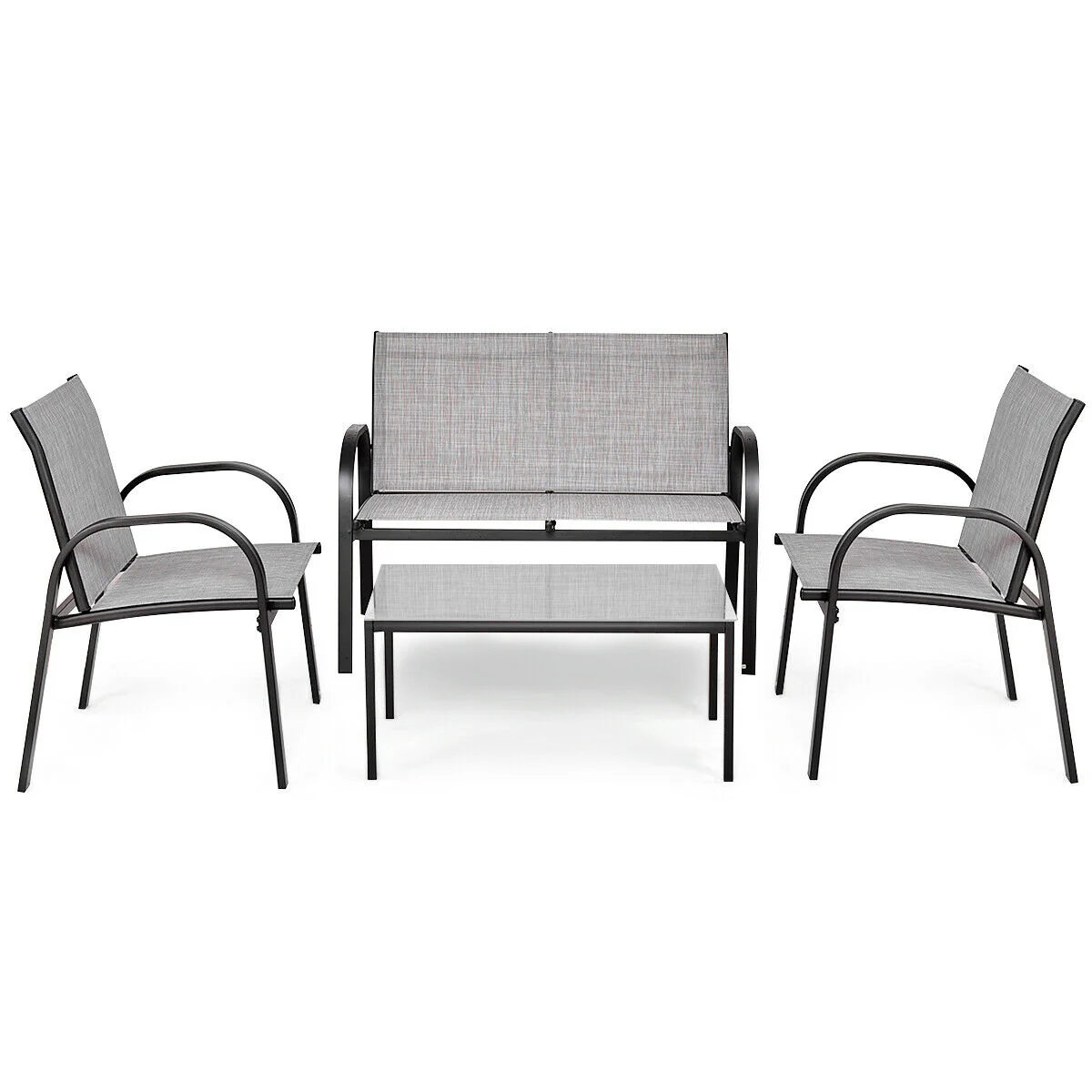 4 Piece Patio Furniture Set, Glass Top Coffee Table, Gray