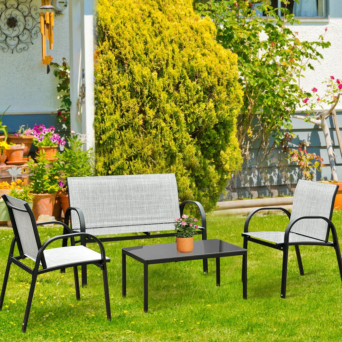 4 Piece Patio Furniture Set, Glass Top Coffee Table, Gray - Image 2