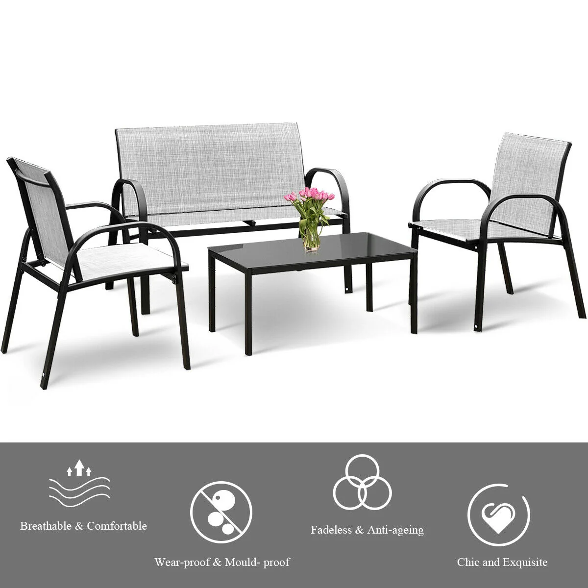 4 Piece Patio Furniture Set, Glass Top Coffee Table, Gray - Image 3