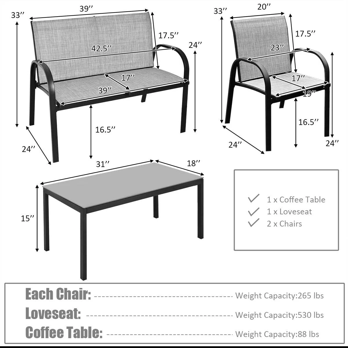 4 Piece Patio Furniture Set, Glass Top Coffee Table, Gray - Image 5