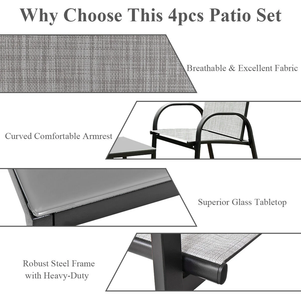 4 Piece Patio Furniture Set, Glass Top Coffee Table, Gray - Image 6