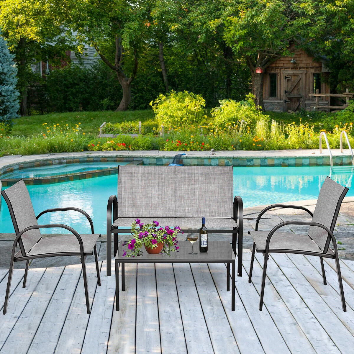 4 Piece Patio Furniture Set, Glass Top Coffee Table, Gray - Image 7