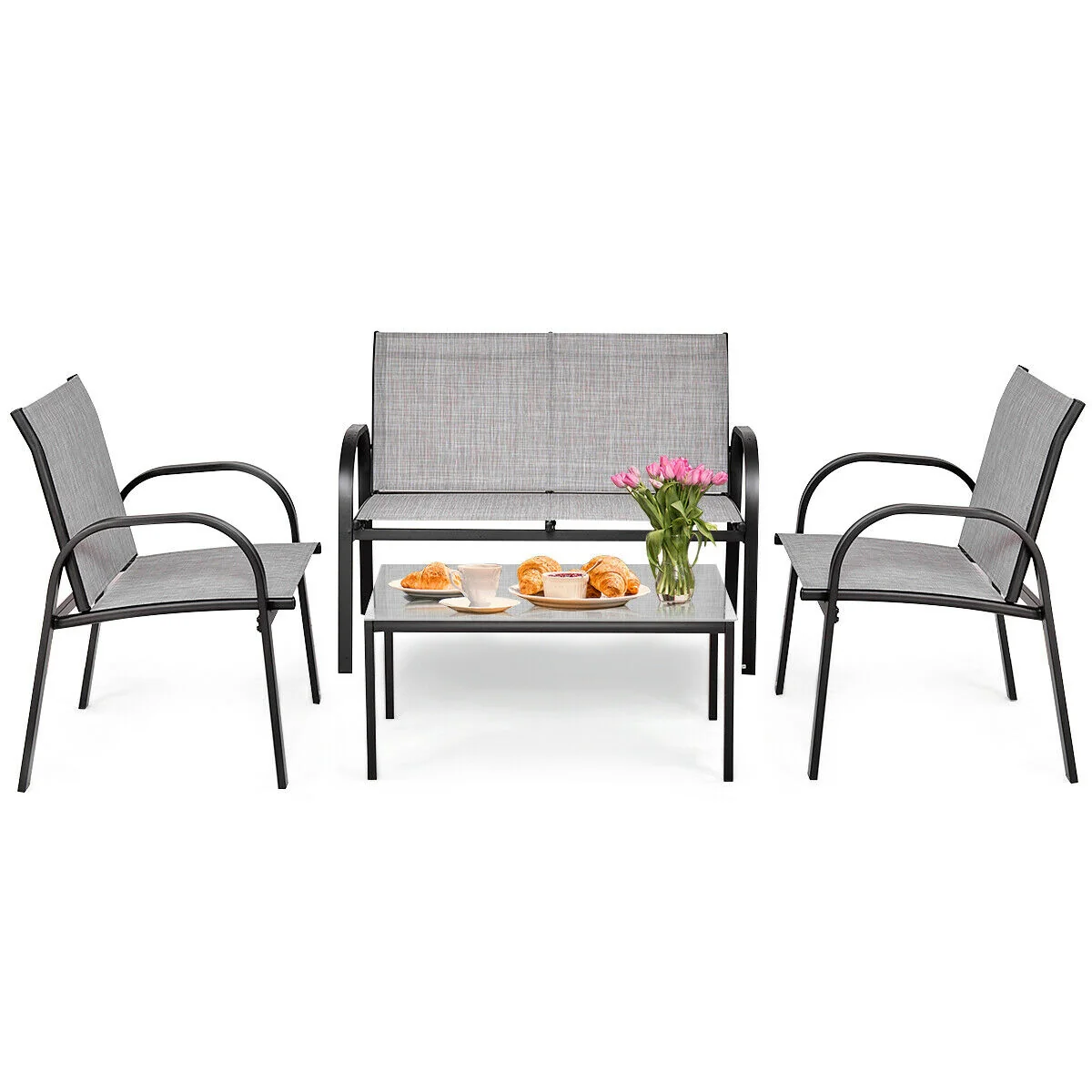 4 Piece Patio Furniture Set, Glass Top Coffee Table, Gray - Image 9