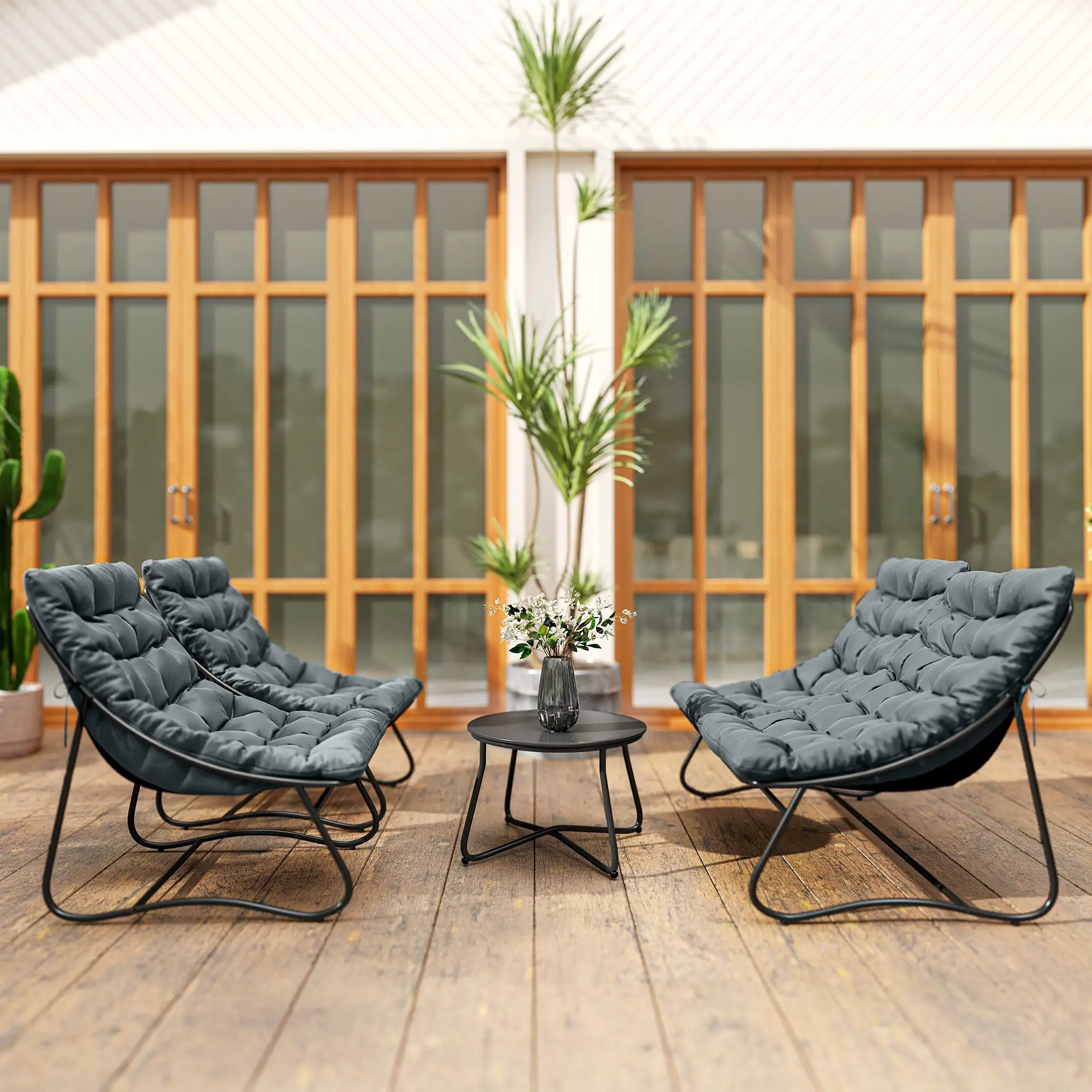 4 Piece Patio Furniture Set, Loveseat, Chairs, Round Metal Table, Cushions, Grey - Image 10