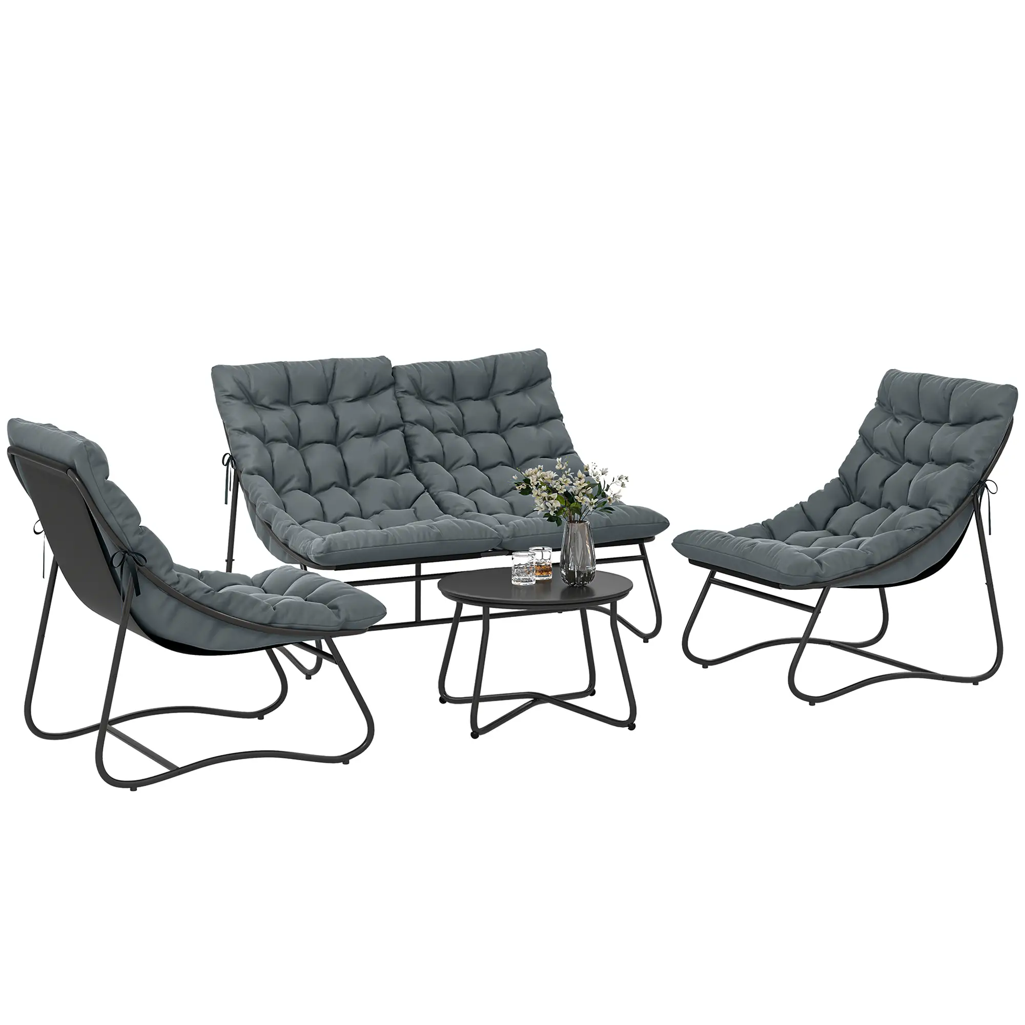 4 Piece Patio Furniture Set, Loveseat, Chairs, Round Metal Table, Cushions, Grey - Image 11