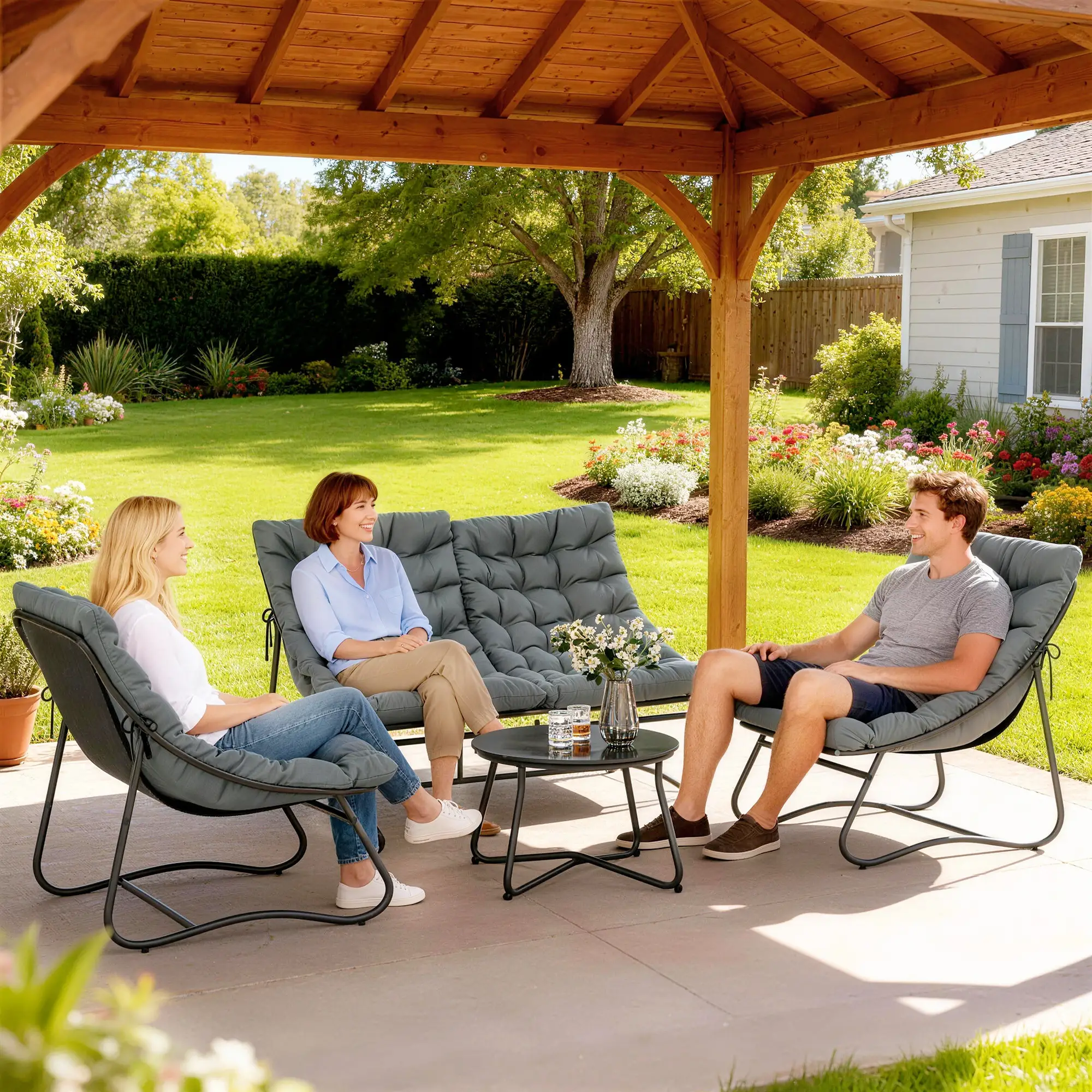 4 Piece Patio Furniture Set, Loveseat, Chairs, Round Metal Table, Cushions, Grey - Image 2
