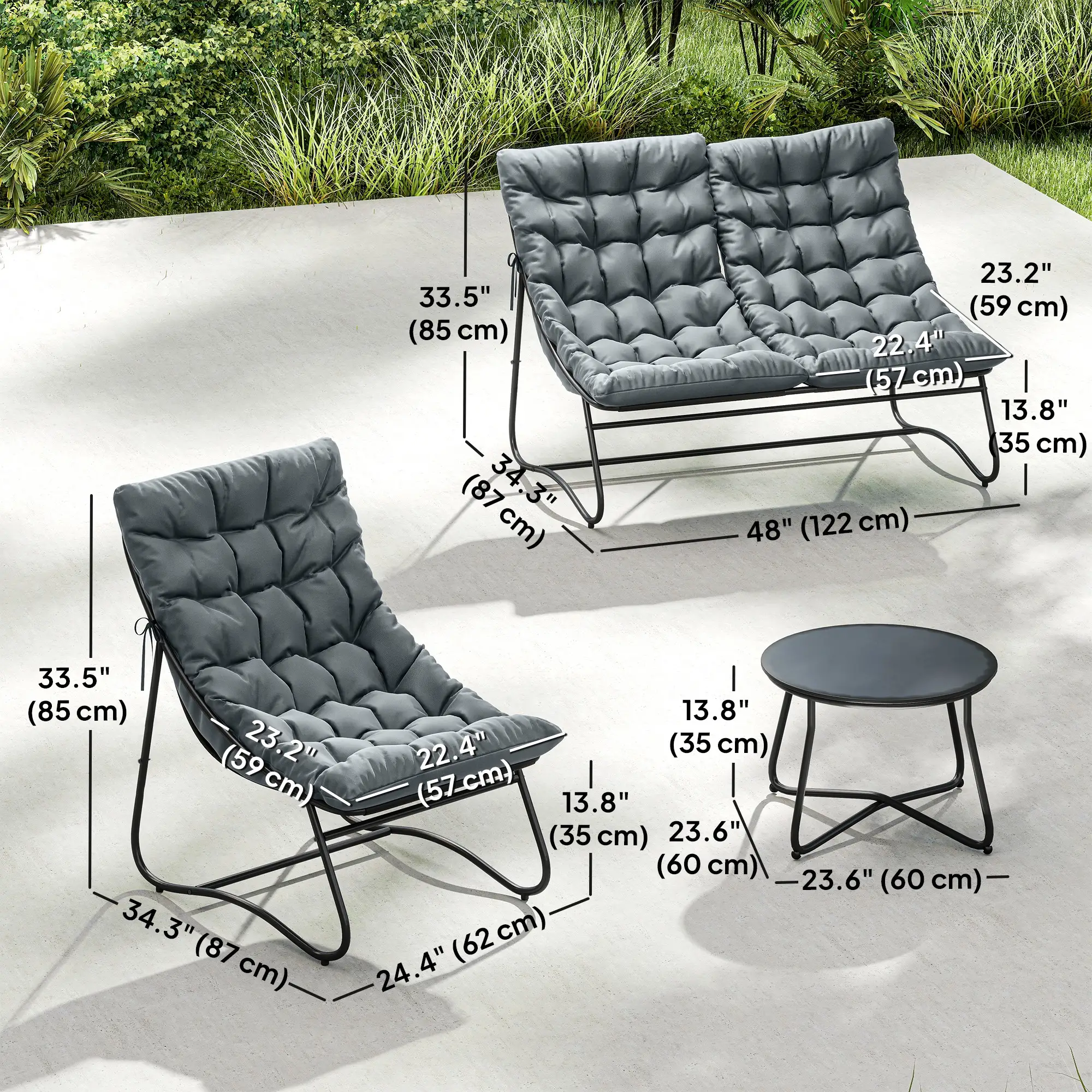 4 Piece Patio Furniture Set, Loveseat, Chairs, Round Metal Table, Cushions, Grey - Image 3