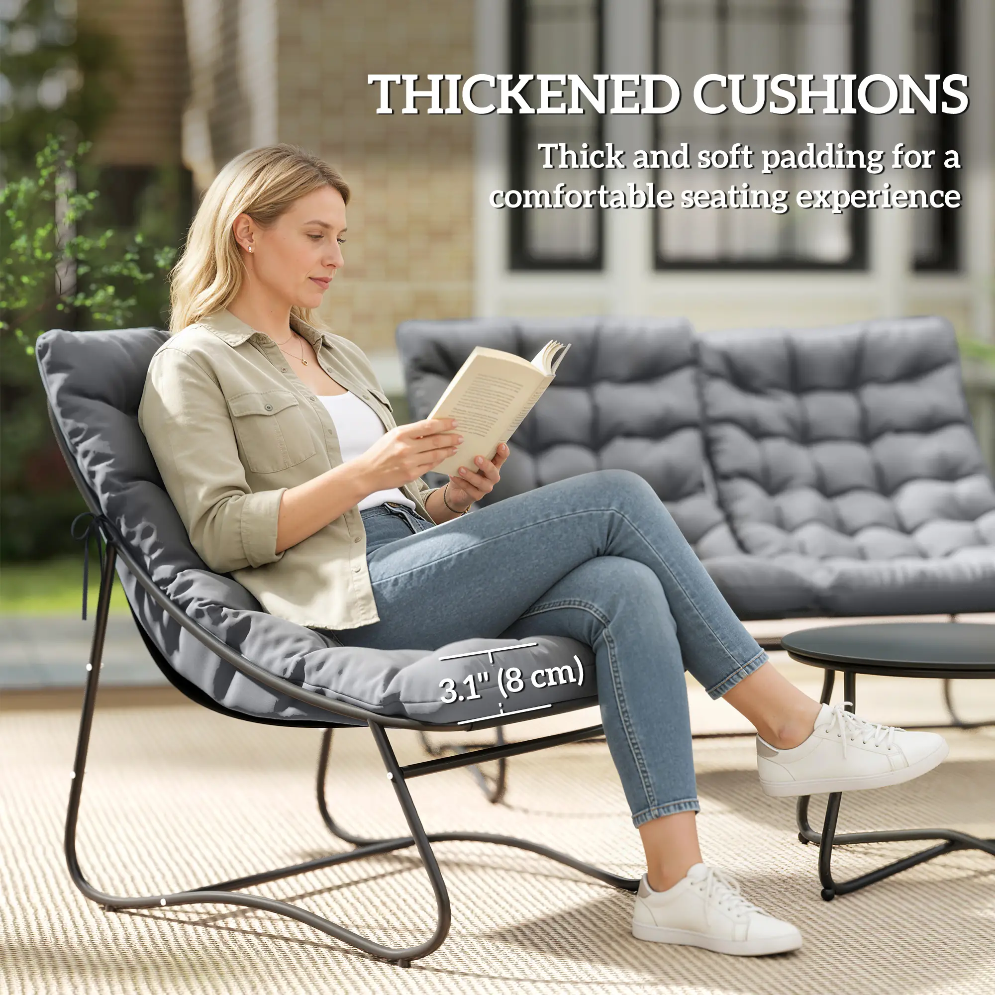 4 Piece Patio Furniture Set, Loveseat, Chairs, Round Metal Table, Cushions, Grey - Image 4