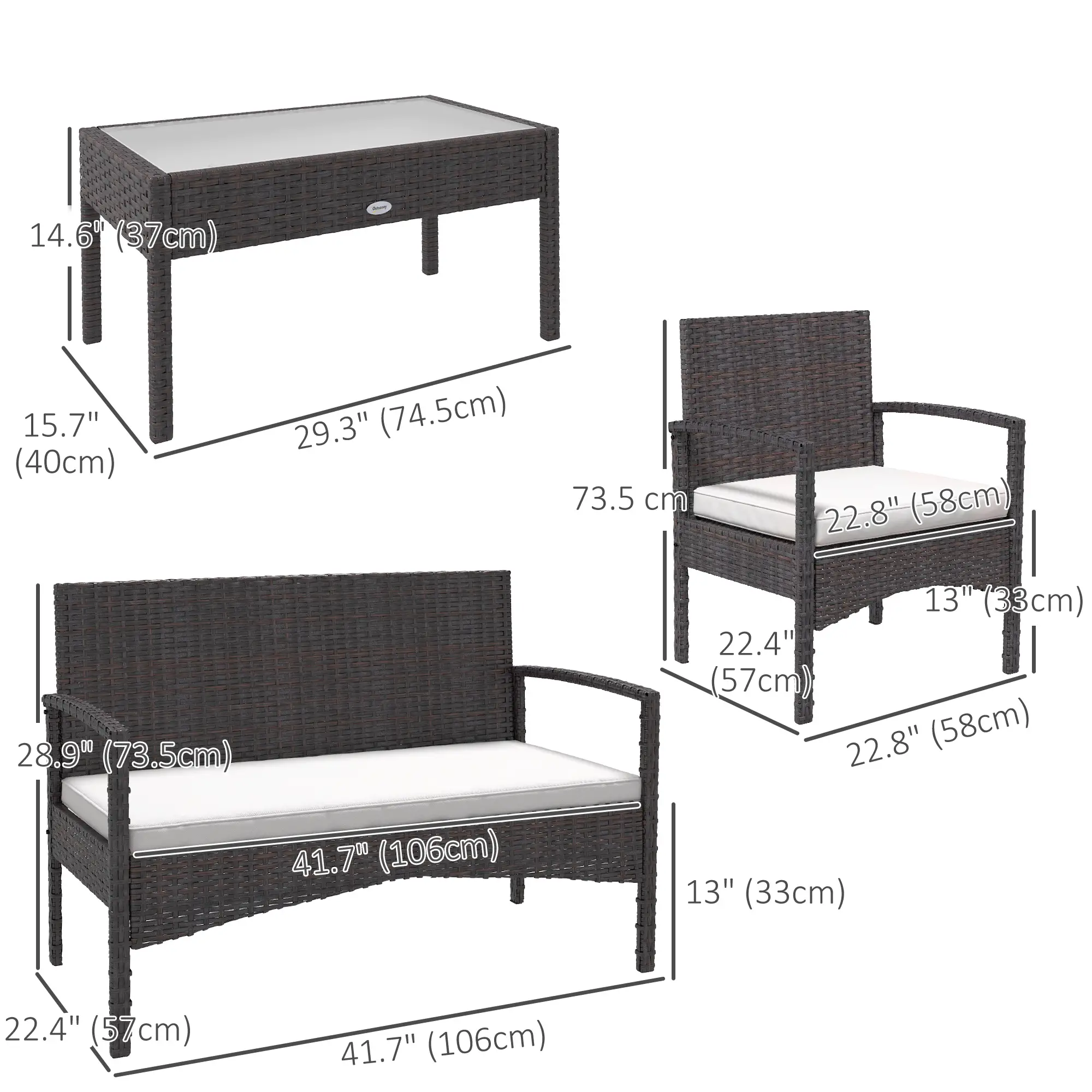 4-Piece Patio Furniture Set, Loveseat, Armchairs, Glass Table, White - Image 3