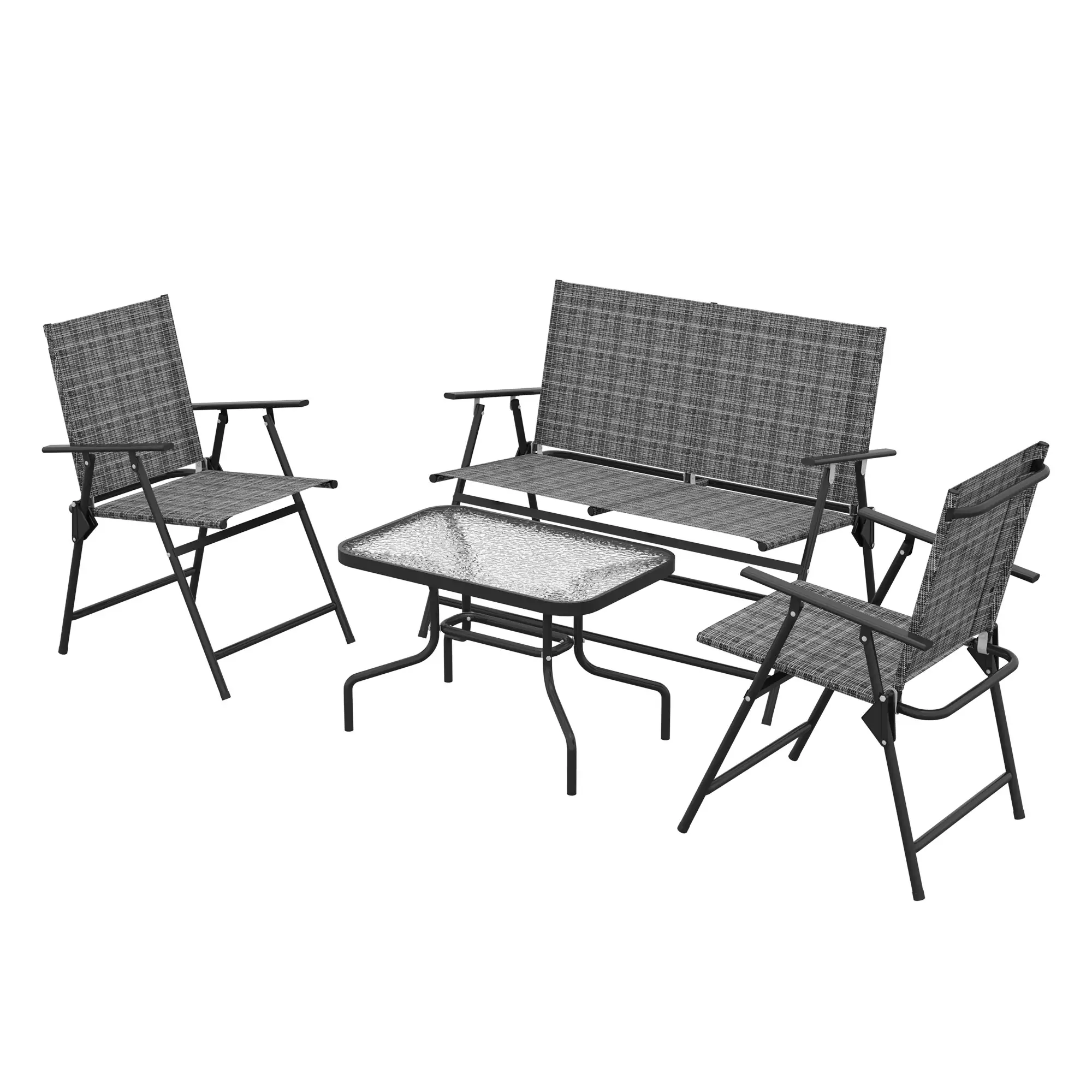 4 Piece Patio Furniture Set, Two Foldable Armchairs, Loveseat, Glass Top Table, Mixed Grey