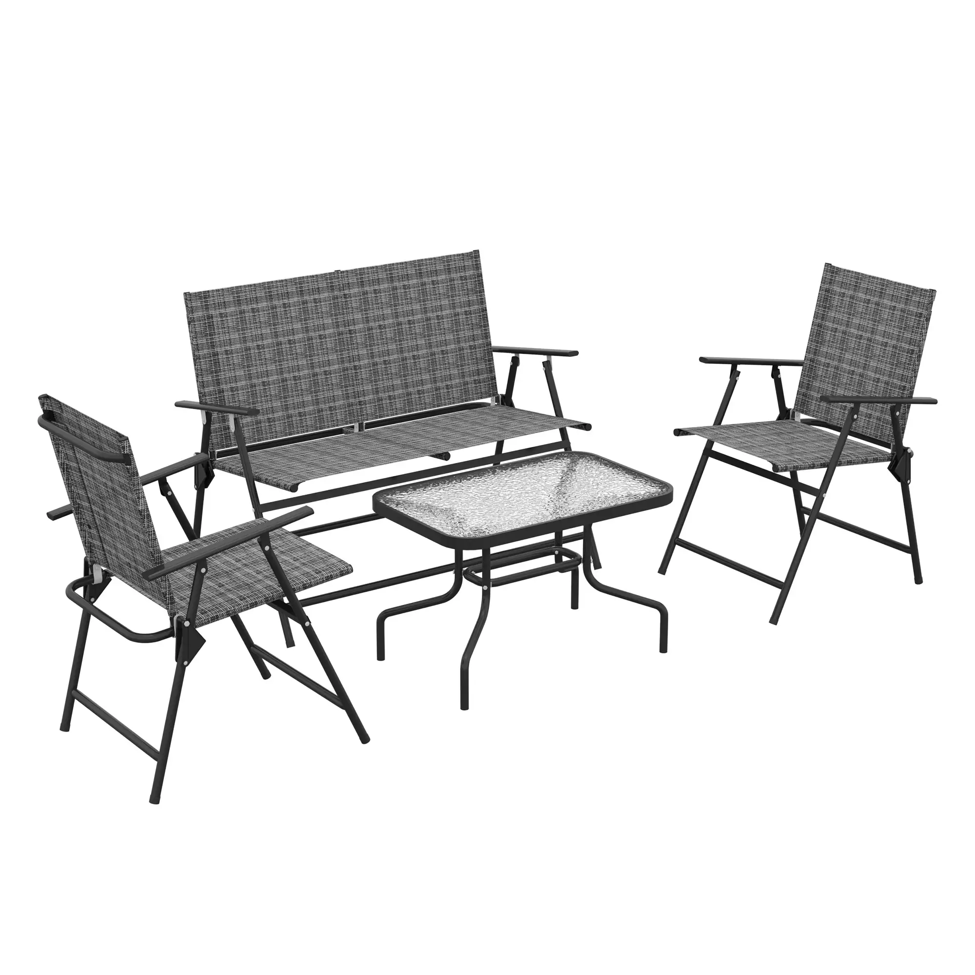 4 Piece Patio Furniture Set, Two Foldable Armchairs, Loveseat, Glass Top Table, Mixed Grey - Image 11