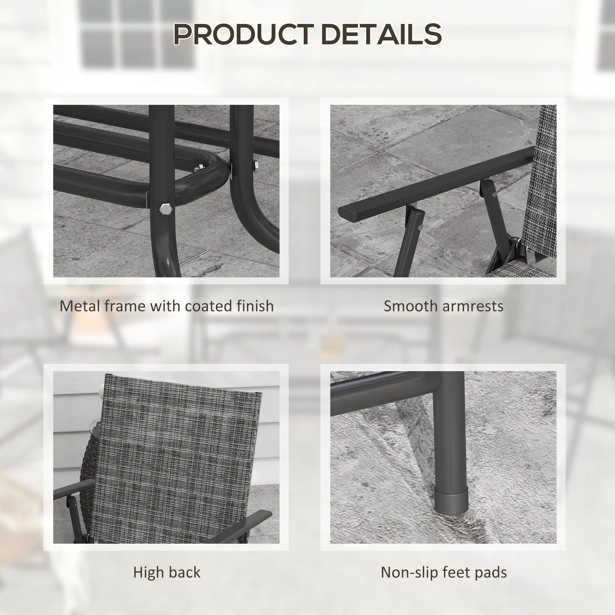 4 Piece Patio Furniture Set, Two Foldable Armchairs, Loveseat, Glass Top Table, Mixed Grey - Image 7