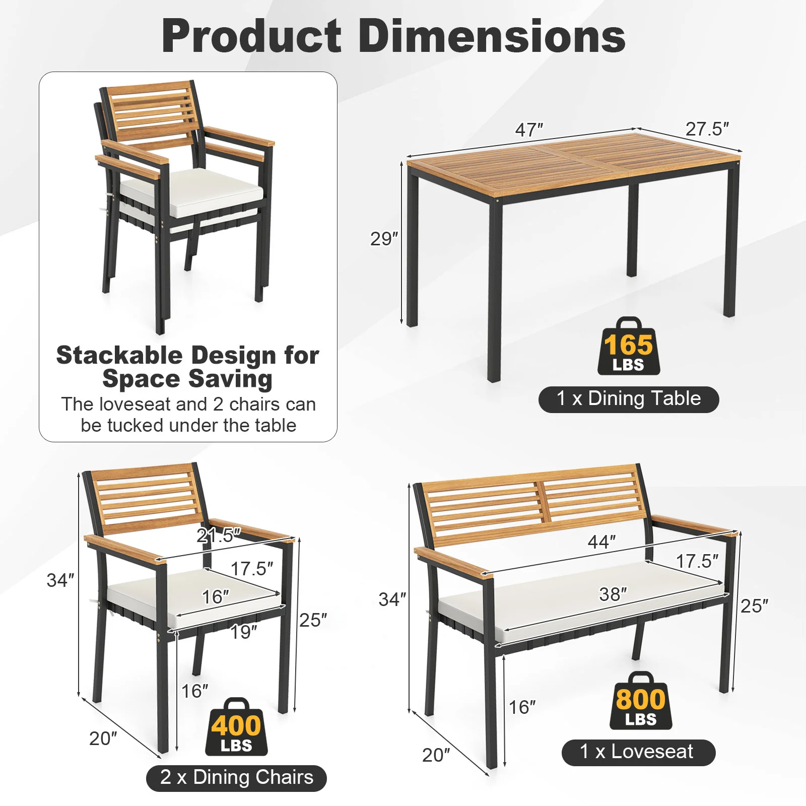 4-Piece Patio Furniture Set, Outdoor Dining Chair Set, White - Image 6