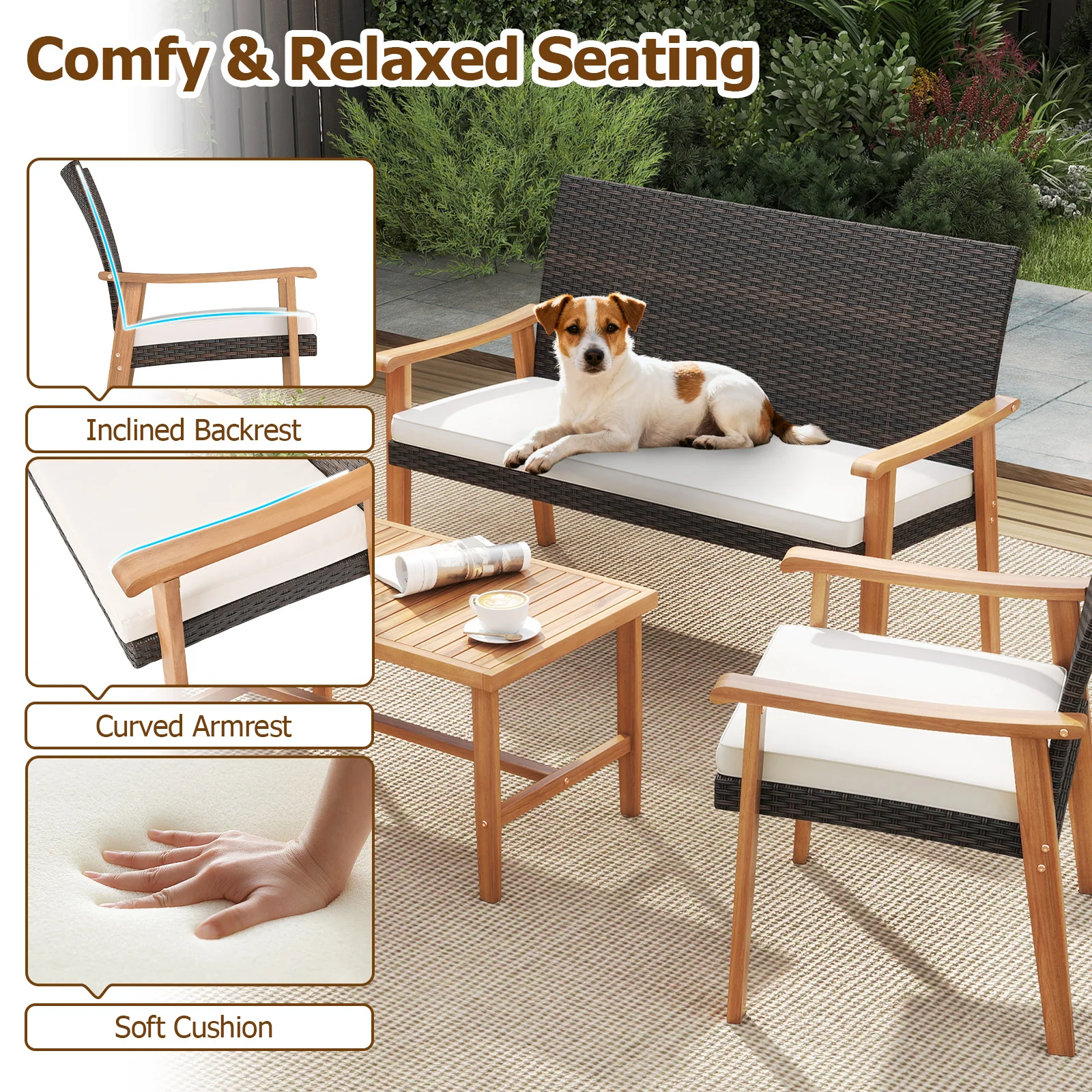 4 Piece Patio Furniture Set PE Rattan Porch Chairs with Acacia Wood Coffee Table and Soft Cushions, White - Image 10