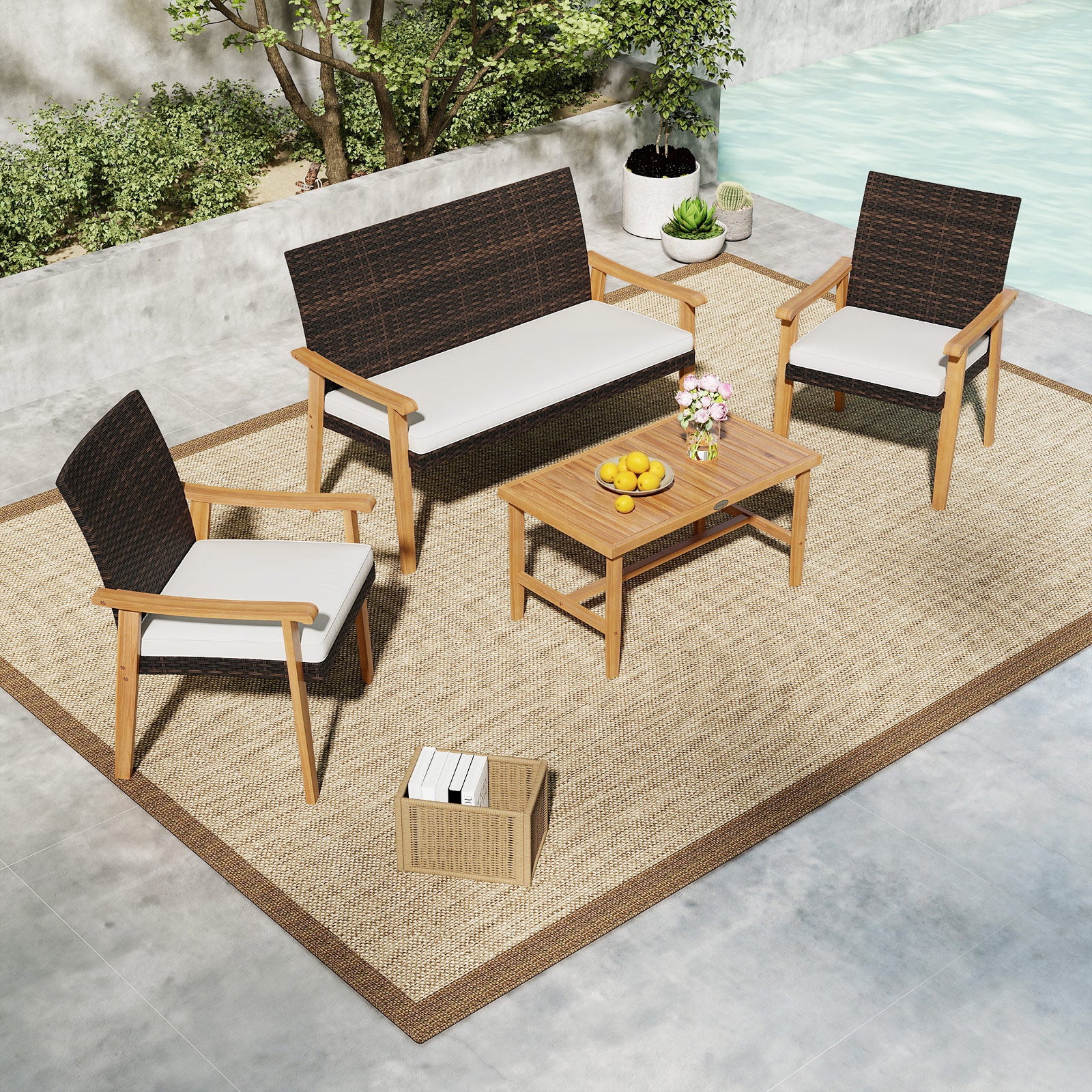 4 Piece Patio Furniture Set PE Rattan Porch Chairs with Acacia Wood Coffee Table and Soft Cushions, White - Image 2