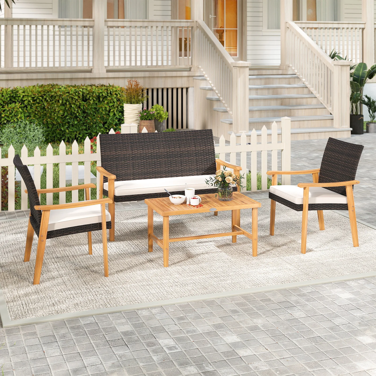 4 Piece Patio Furniture Set PE Rattan Porch Chairs with Acacia Wood Coffee Table and Soft Cushions, White - Image 3