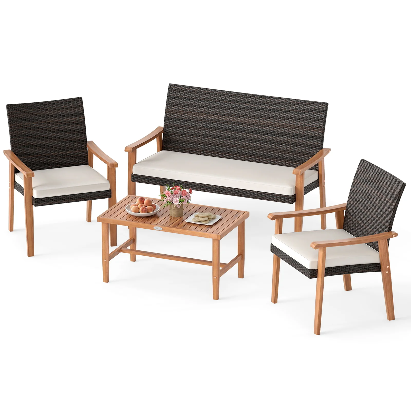 4 Piece Patio Furniture Set PE Rattan Porch Chairs with Acacia Wood Coffee Table and Soft Cushions, White - Image 4