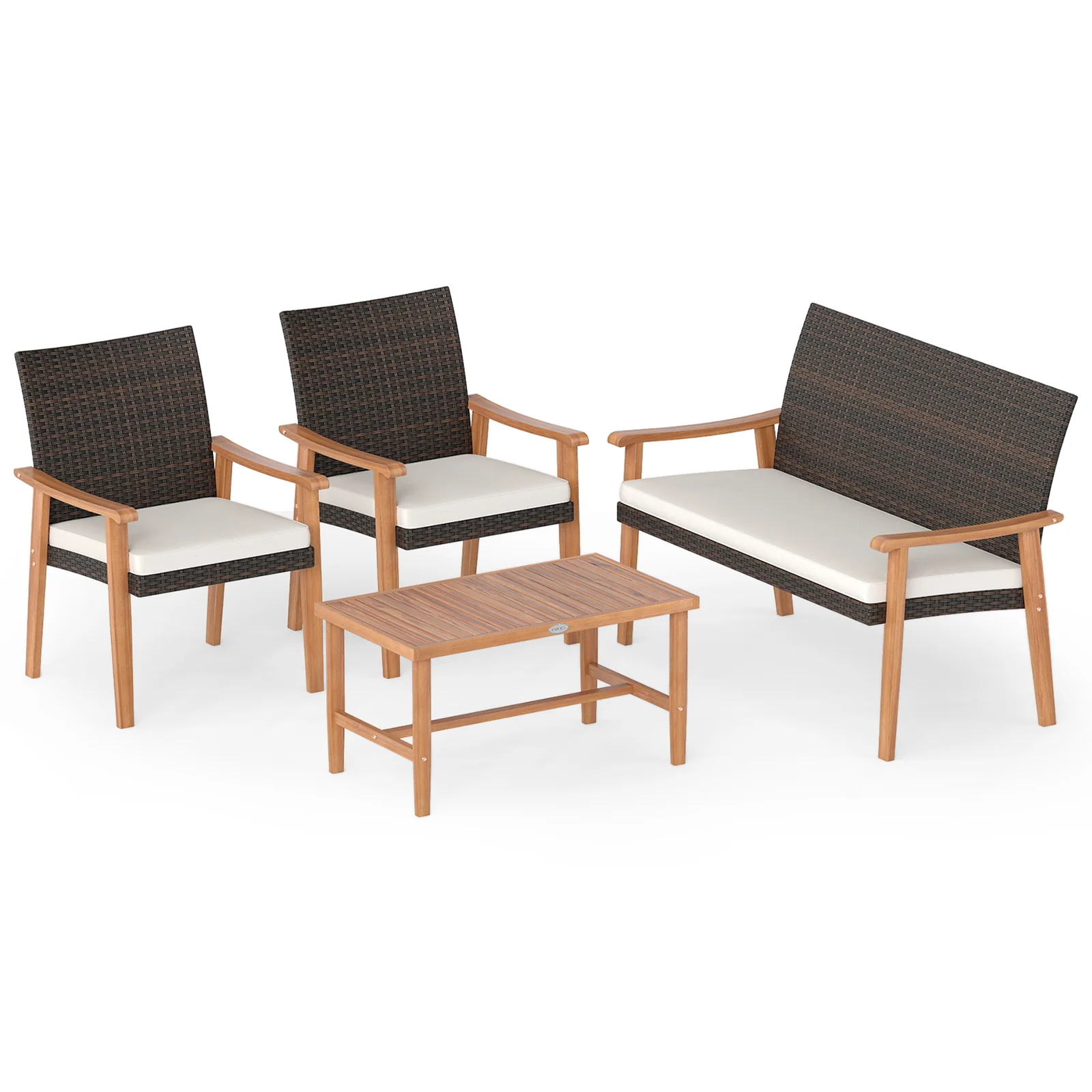 4 Piece Patio Furniture Set PE Rattan Porch Chairs with Acacia Wood Coffee Table and Soft Cushions, White - Image 5