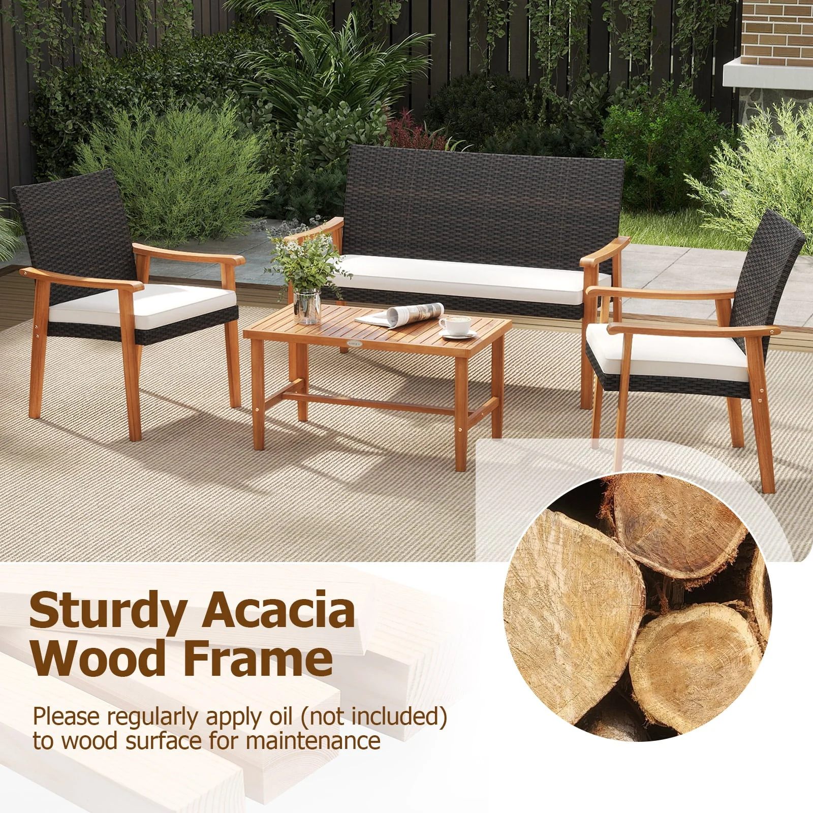 4 Piece Patio Furniture Set PE Rattan Porch Chairs with Acacia Wood Coffee Table and Soft Cushions, White - Image 8