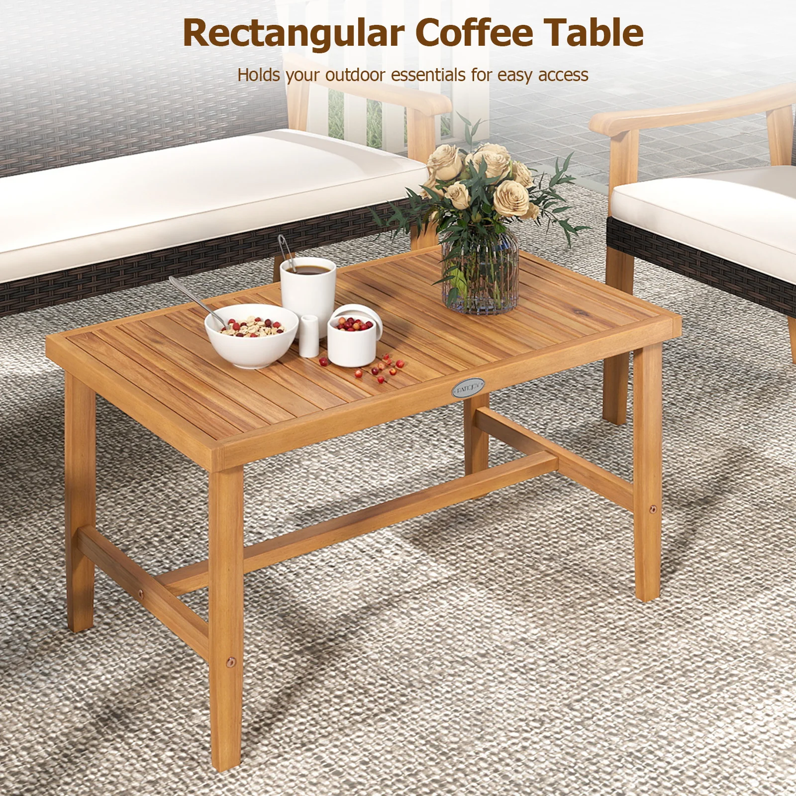 4 Piece Patio Furniture Set PE Rattan Porch Chairs with Acacia Wood Coffee Table and Soft Cushions, White - Image 9