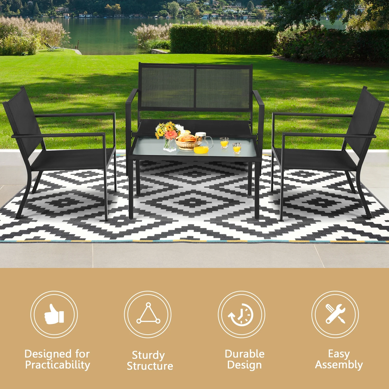 4-Piece Patio Furniture Set, Steel Frame, Gray - Image 3