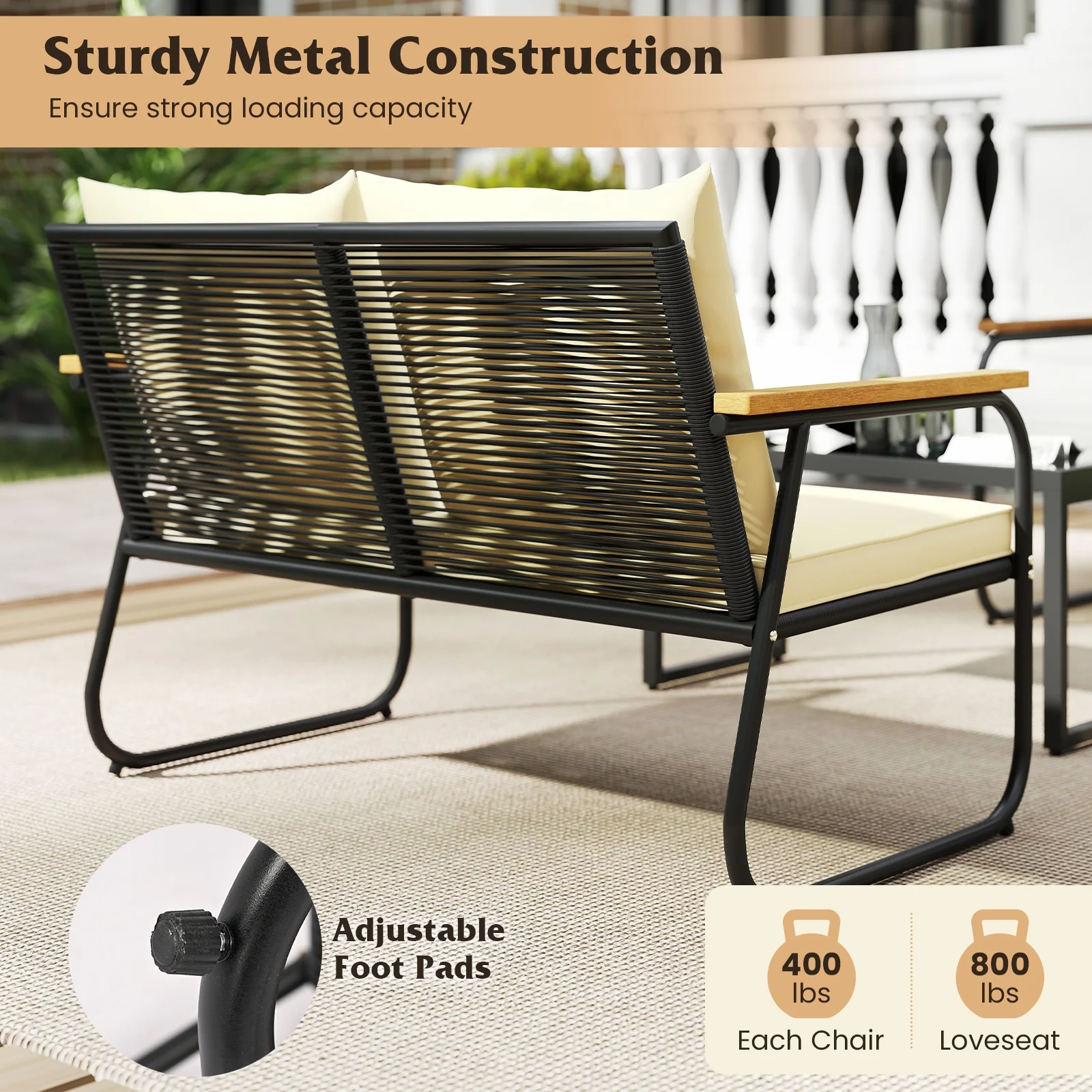 4 Piece Patio Furniture Set, Tempered Glass Coffee Table, Off White - Image 10