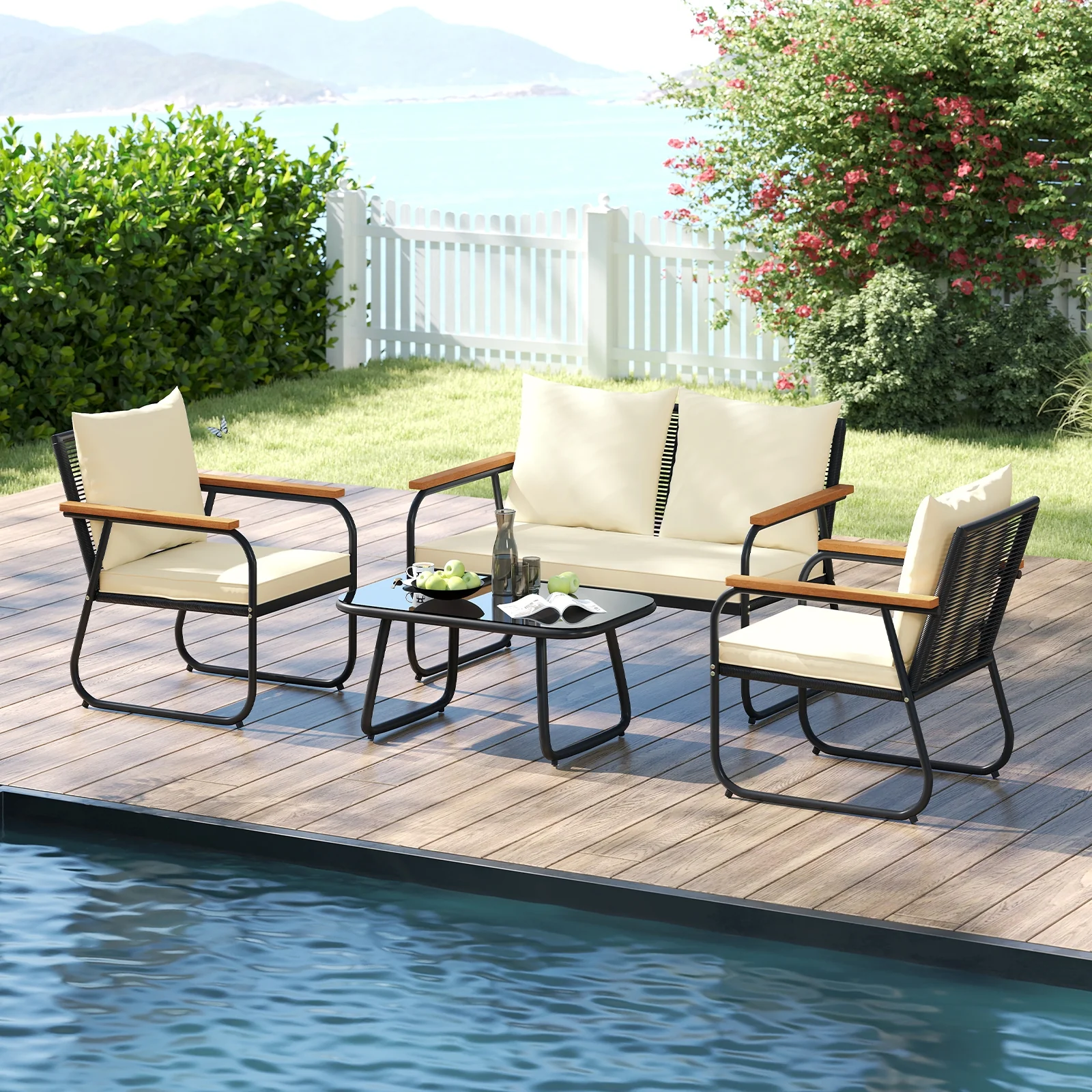 4 Piece Patio Furniture Set, Tempered Glass Coffee Table, Off White - Image 2