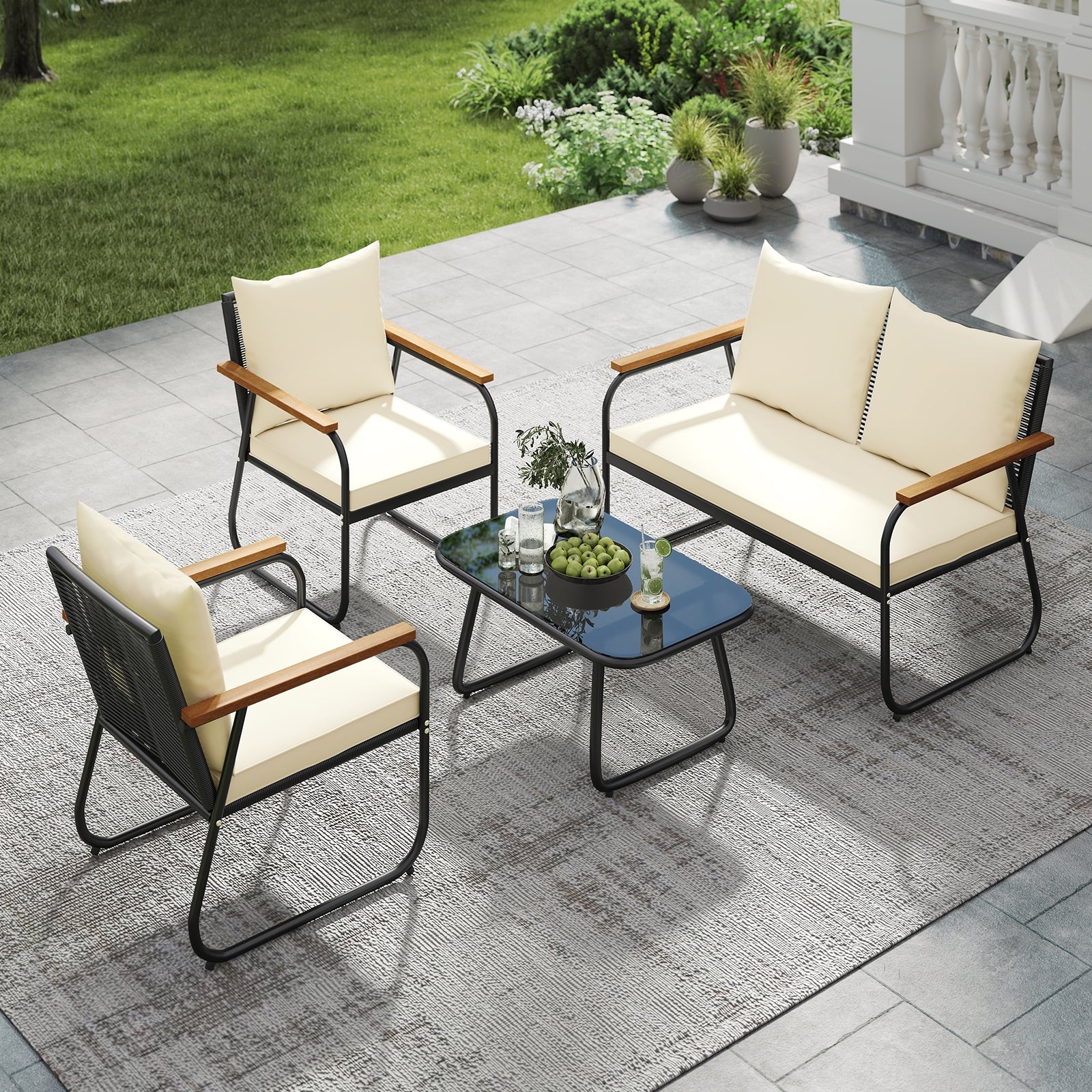 4 Piece Patio Furniture Set, Tempered Glass Coffee Table, Off White - Image 3