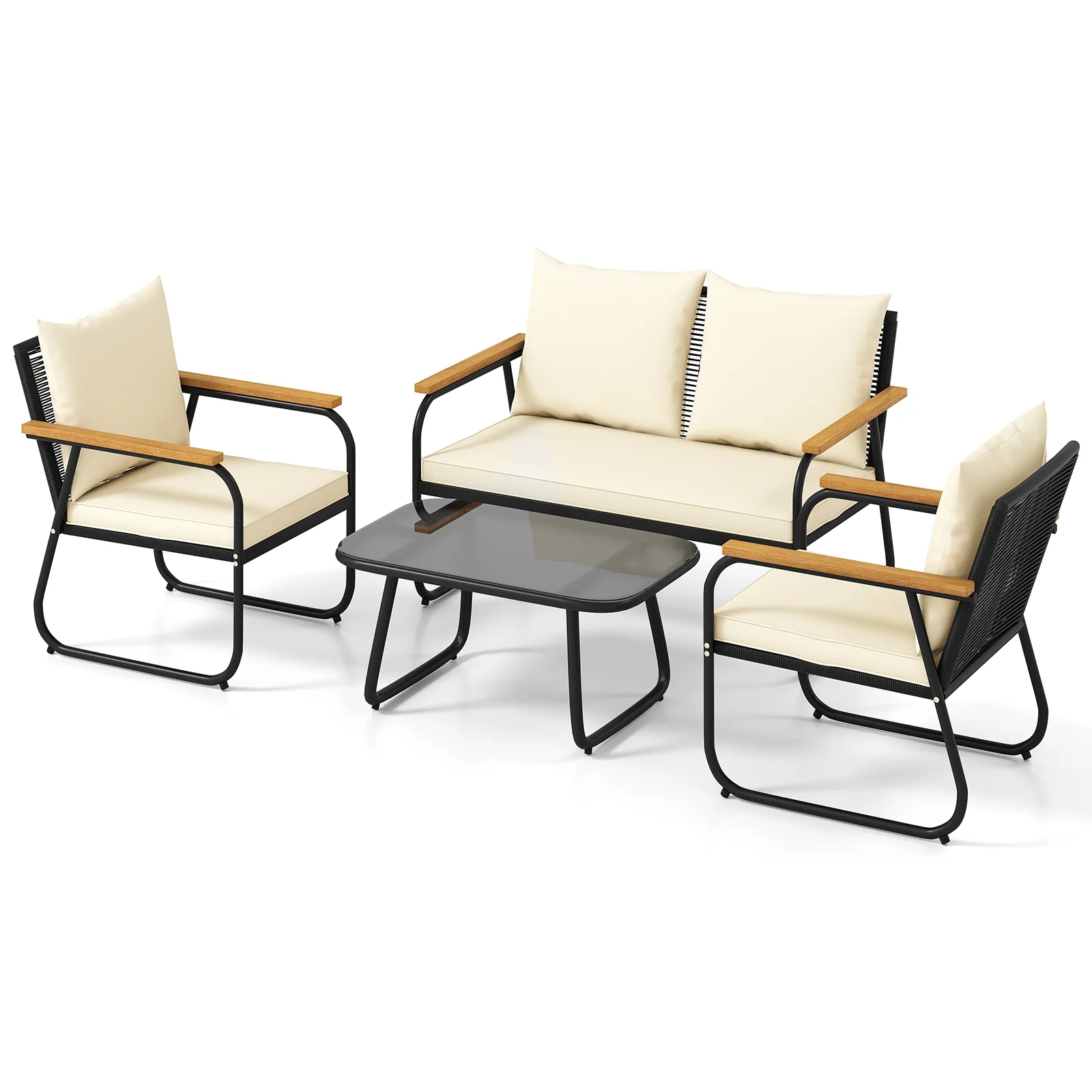 4 Piece Patio Furniture Set, Tempered Glass Coffee Table, Off White - Image 4