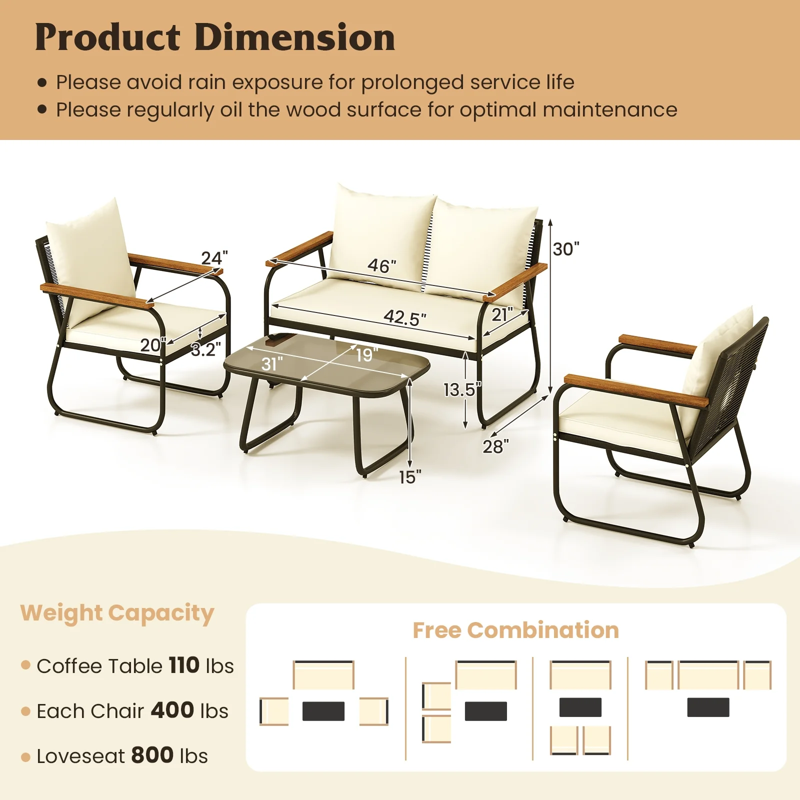 4 Piece Patio Furniture Set, Tempered Glass Coffee Table, Off White - Image 5