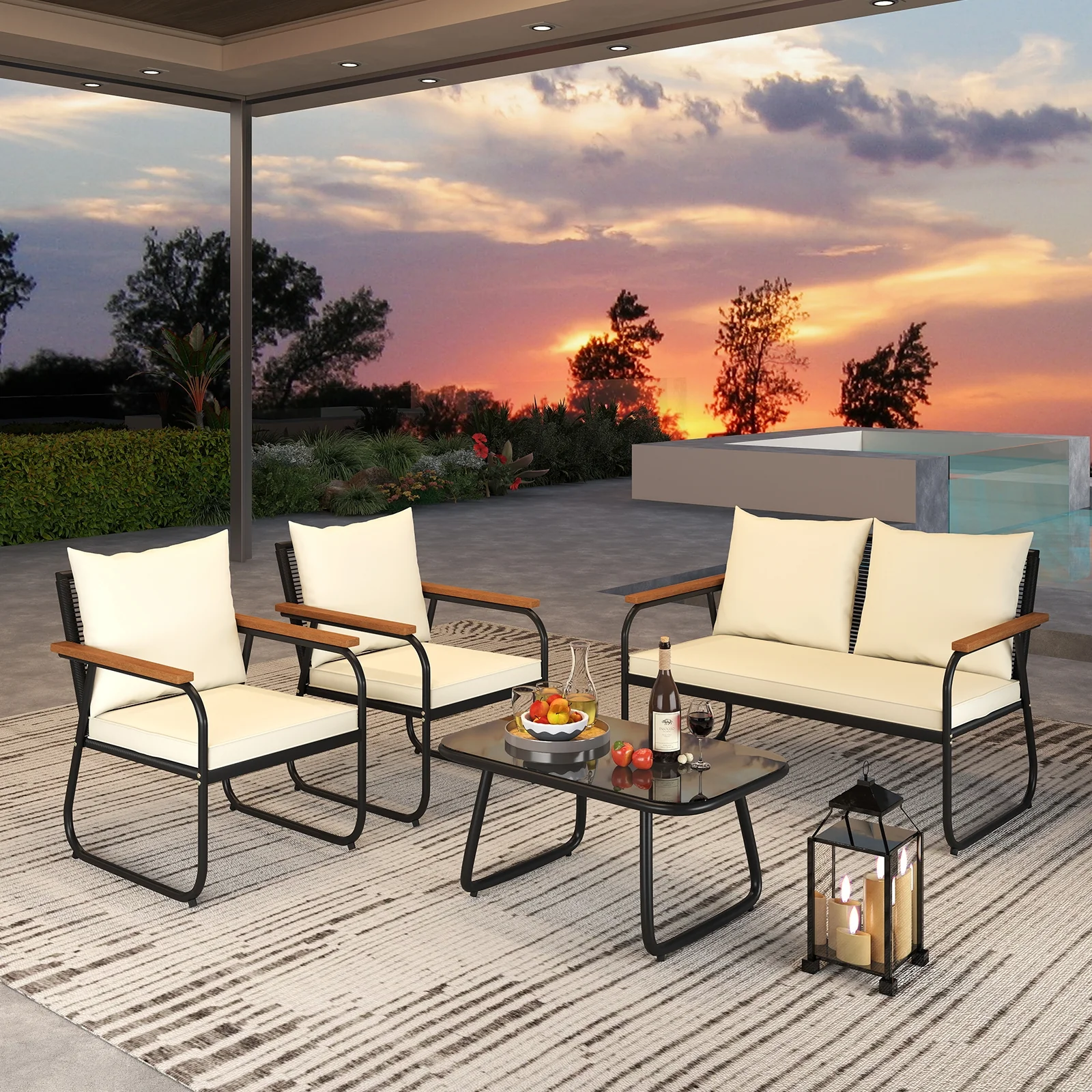 4 Piece Patio Furniture Set, Tempered Glass Coffee Table, Off White - Image 6