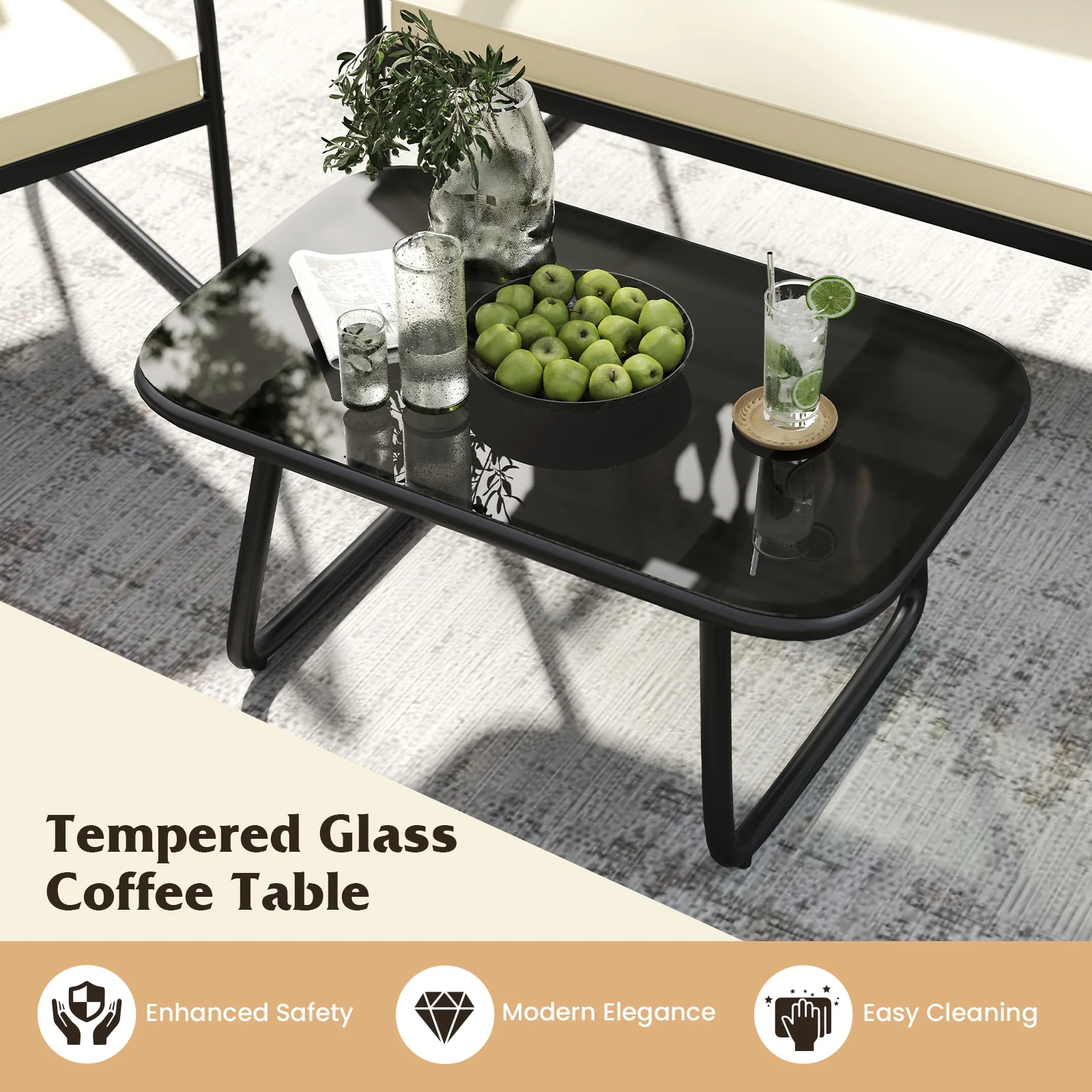 4 Piece Patio Furniture Set, Tempered Glass Coffee Table, Off White - Image 8